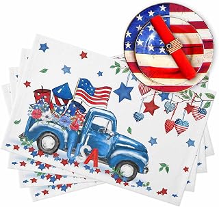 4th of July Placemats Set of 6, Blue Truck American Flag Placemat for Dining Table Decorations, Cotton Linen Independence Day Place Mats, Star Poppy Floral Table Mats for Kitchen Memorial Day Party