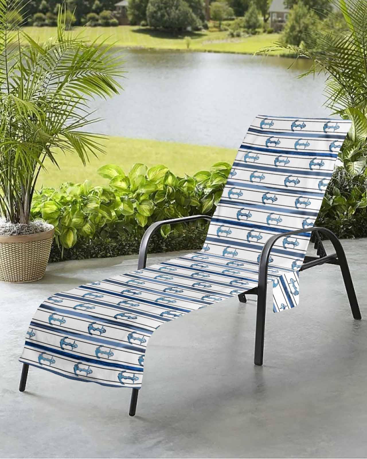Nautical Blue Anchor Beach Chair Towel Covers for Chaise Lounge with Side Pocket, Soft Plush Pool Towels Cover for Patio Sunbathing Outdoor Summer Beach Geometric Rope Stripe 29''x85''