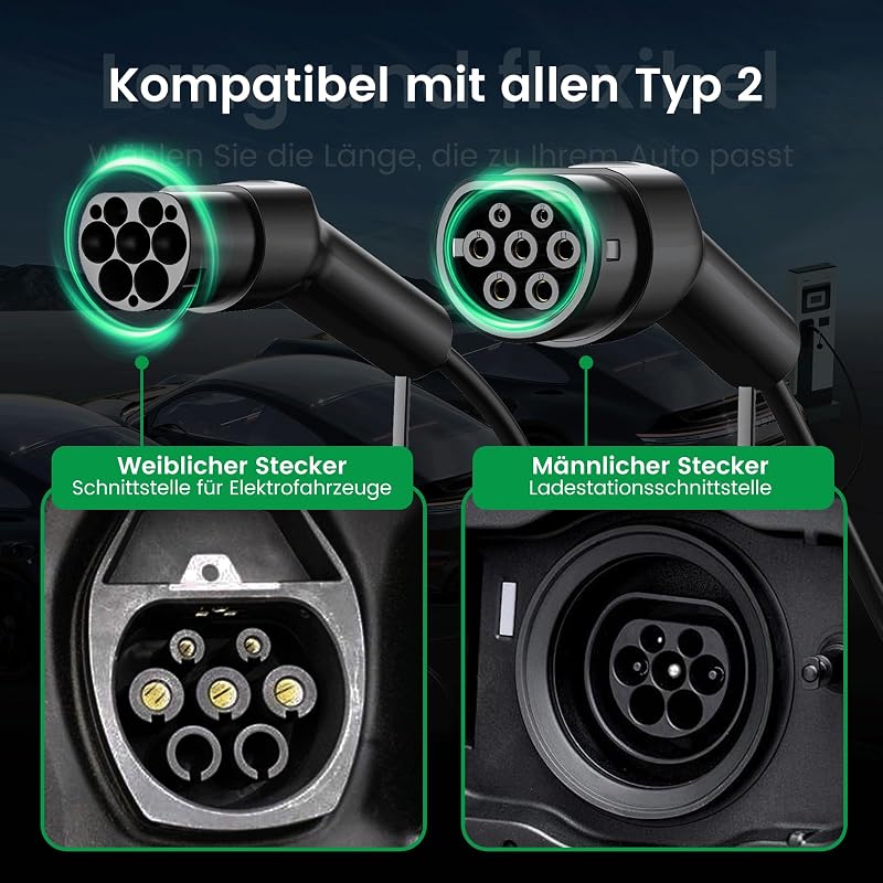GONEO Type 2 töltőkábel 11 kW 5m 16A elektromos autókhoz, 3 fázisú, táskával - Kompatibilis Tesla, VW, BMW modellekkel