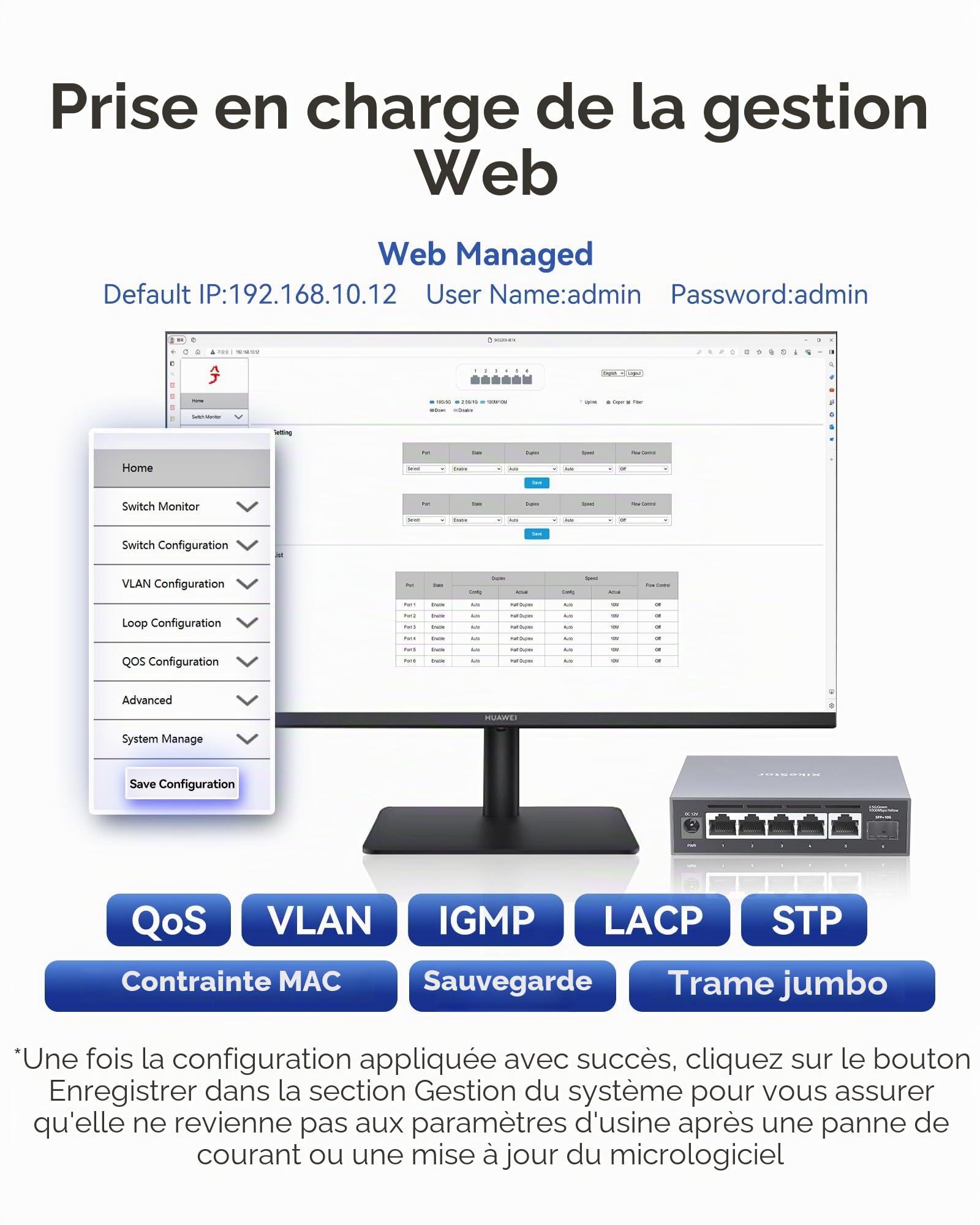 Commutateur réseau managé 2.5Gbit, 5 Ports RJ45 2,5Gbps & 1 Port SFP+ 10G, VLAN/QoS/STP/IGMP/LACP, Conception silencieuse sans Ventilateur, boîtier en Aluminium, Montage sur Bureau