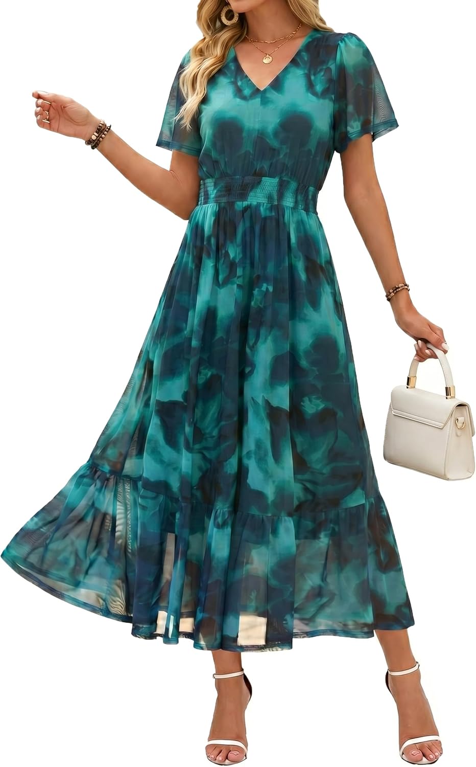 Simplee Womens Summer Floral Maxi Dress Boho Wedding Guest Long Dress Short Sleeve V Neck Vacation Flowy Dresses 2026