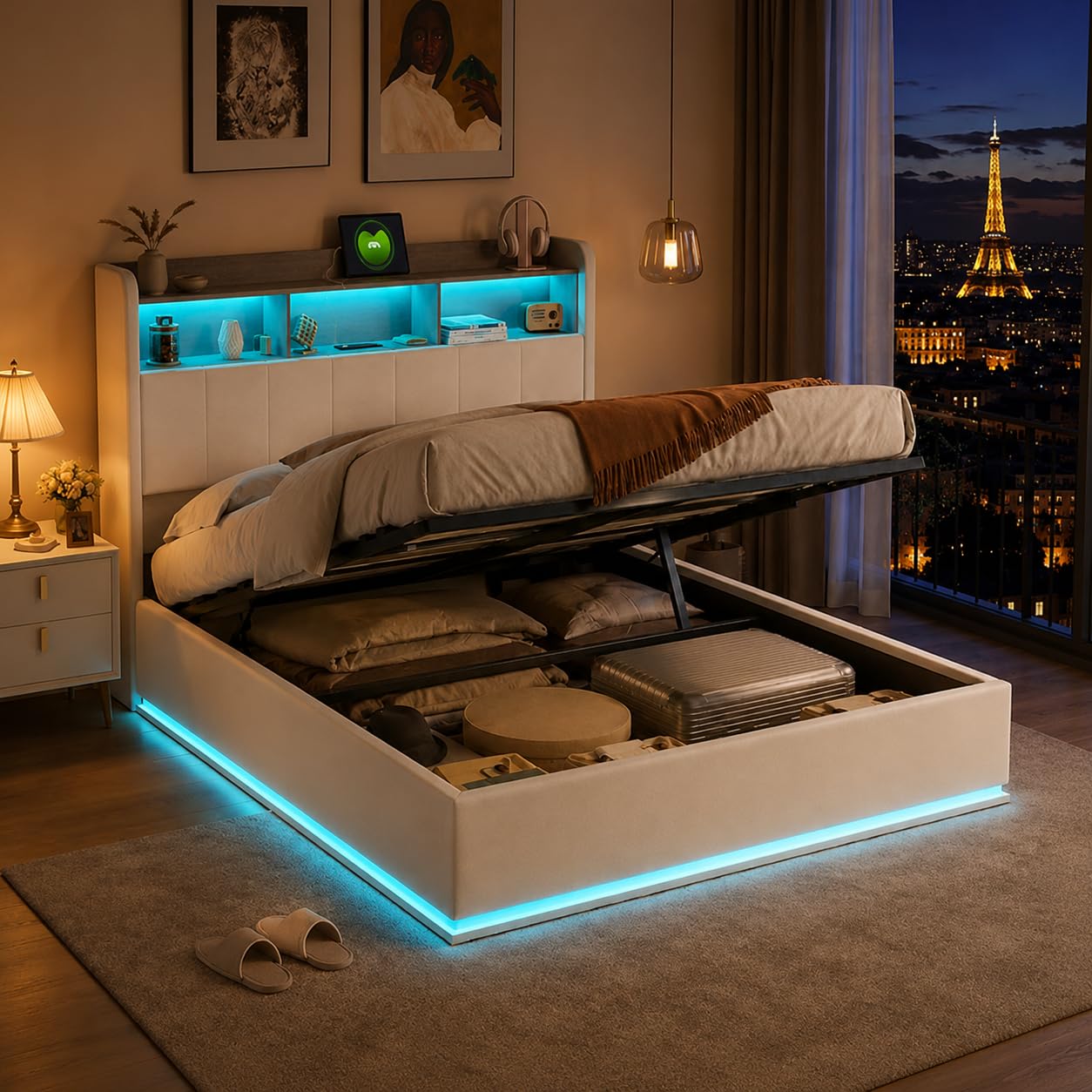 Letto matrimoniale 140 x 190 con illuminazione a LED e ricarica USB, letto idraulico con testiera con vano portaoggetti, letti imbottiti 140 x 190 cm con rete a doghe, velluto(bianco), 140 x 190)