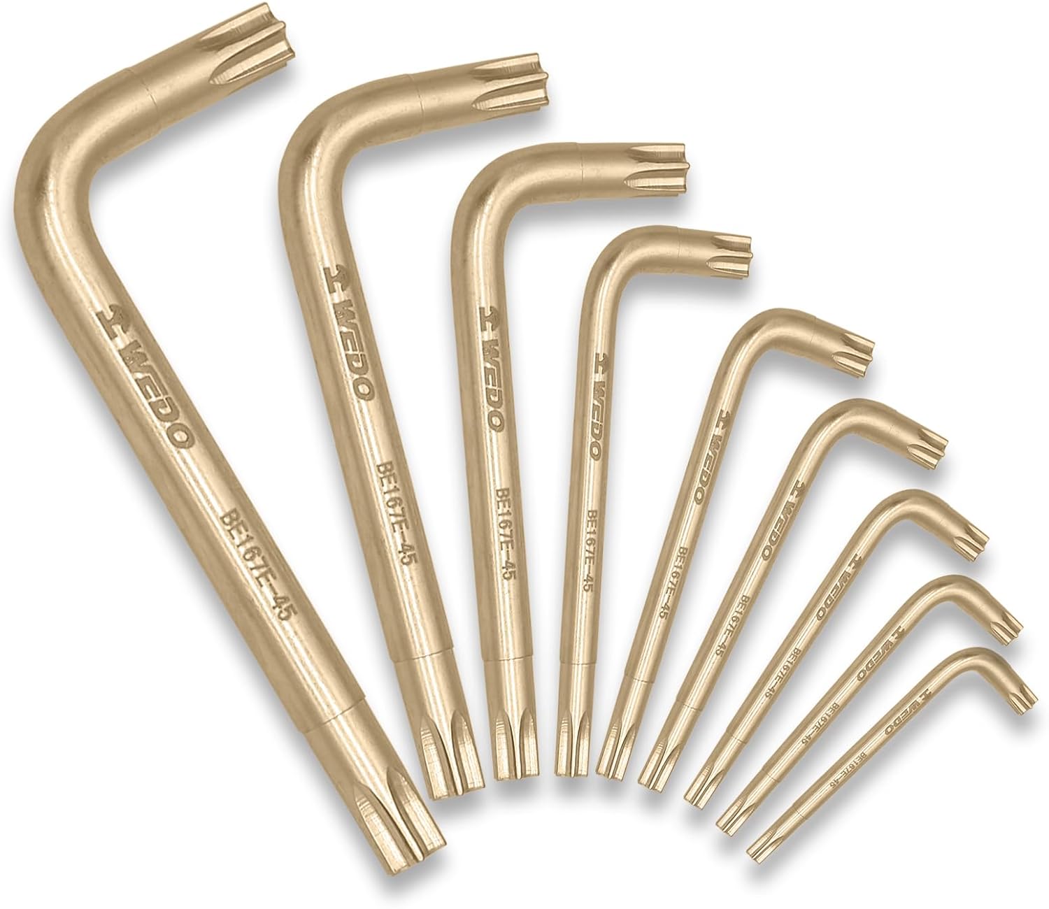 WEDO Non-sparking Torx Wrench Set 9PCS,T10,T15,T20,T25,T27T30,T40,T45,T50,Spark-free Star Allen Wrench Set,Torx L Key,Aluminum Bronze,Corrosion-resistance,BAM&FM Certificate