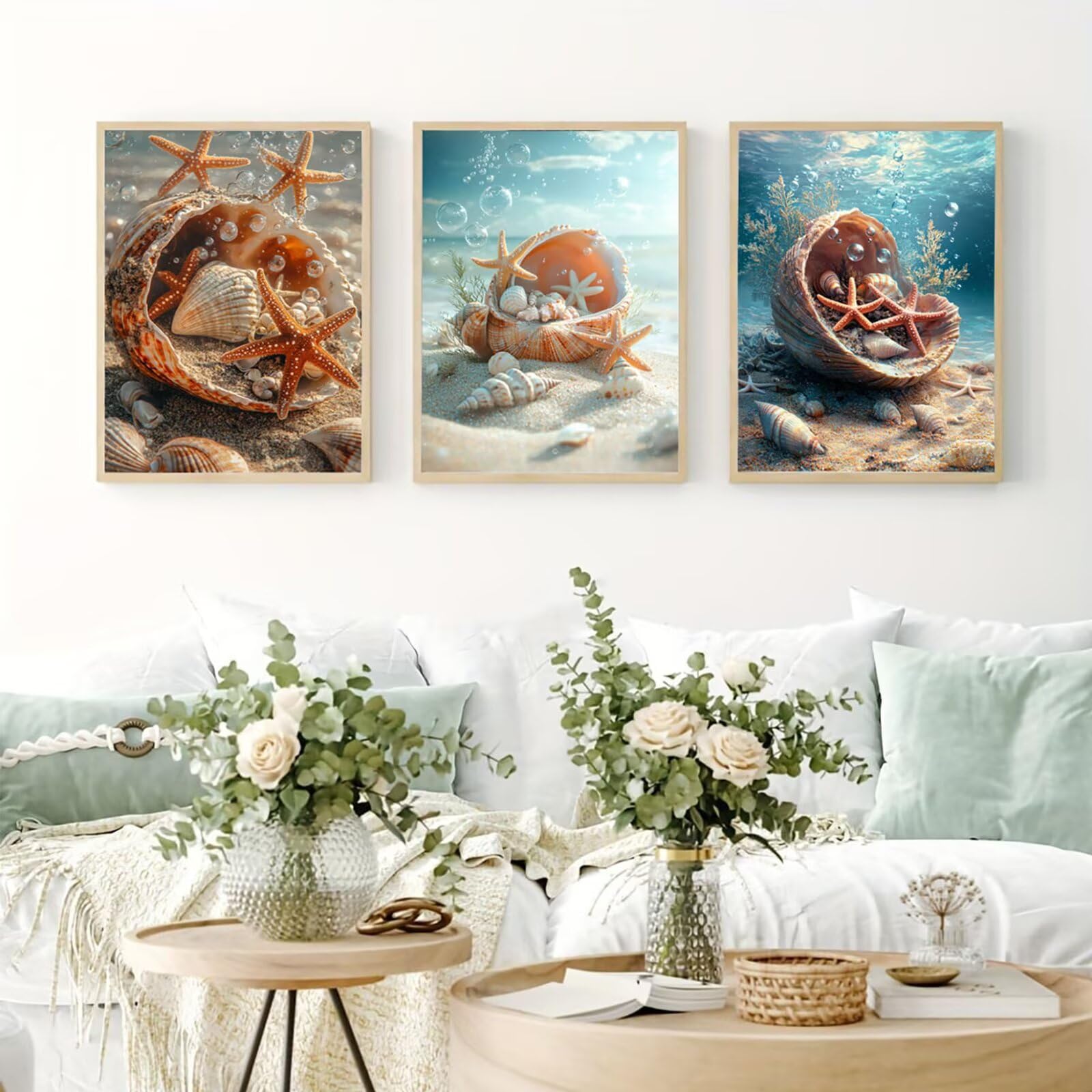 Cnyaunfi 3 Pezzi Oceano Pittura Diamante Fai-Da-Te 5D Blu Diamond Painting Kit Completo per, Hobby Creativi Adulti, Pittura Diamante Artigianale Per La Decorazione Della Parete Di Casa 50x70cm YF-3438