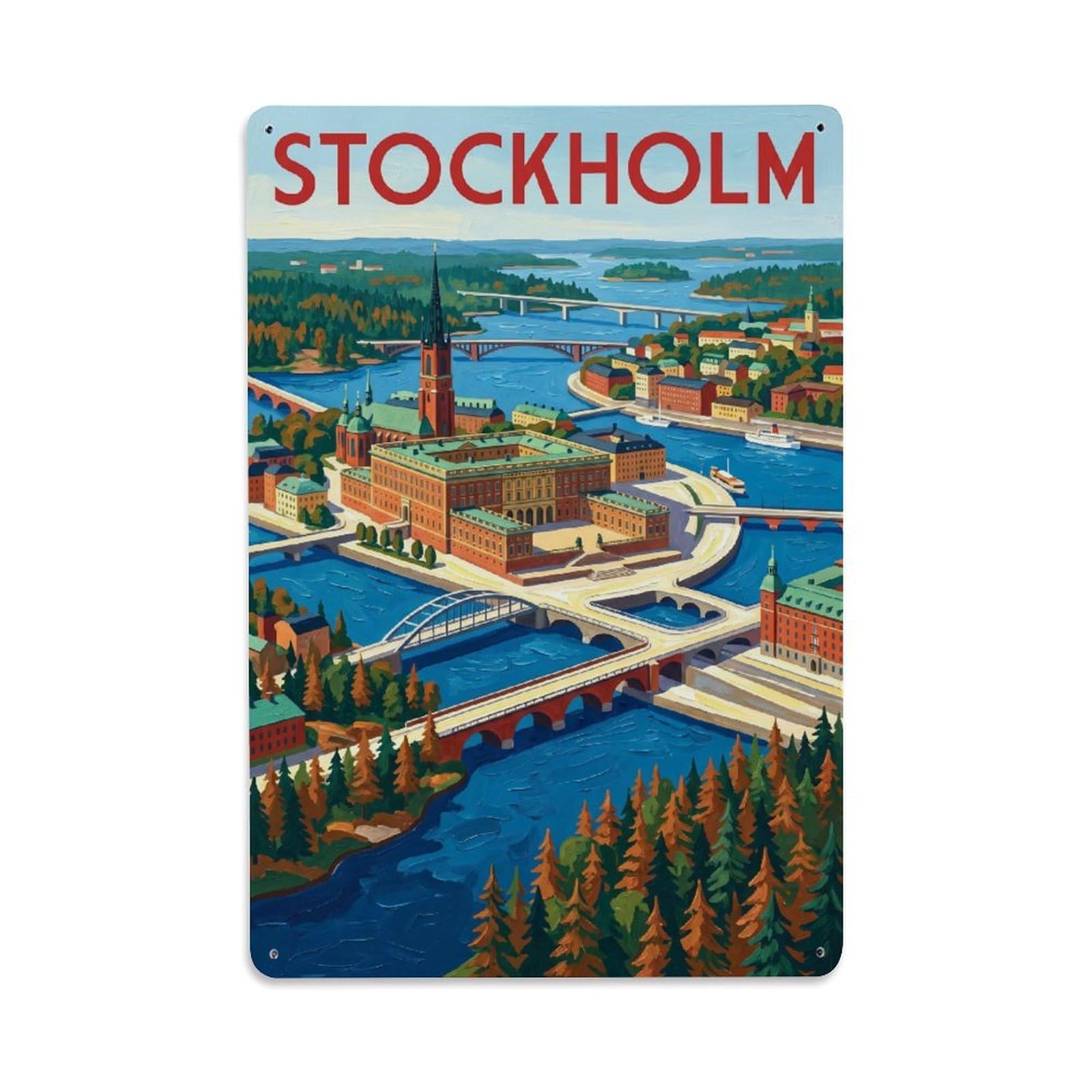 Olhnbad Style Graphic Stockholm Sweden Archipelago City Travel Metal Tin Sign