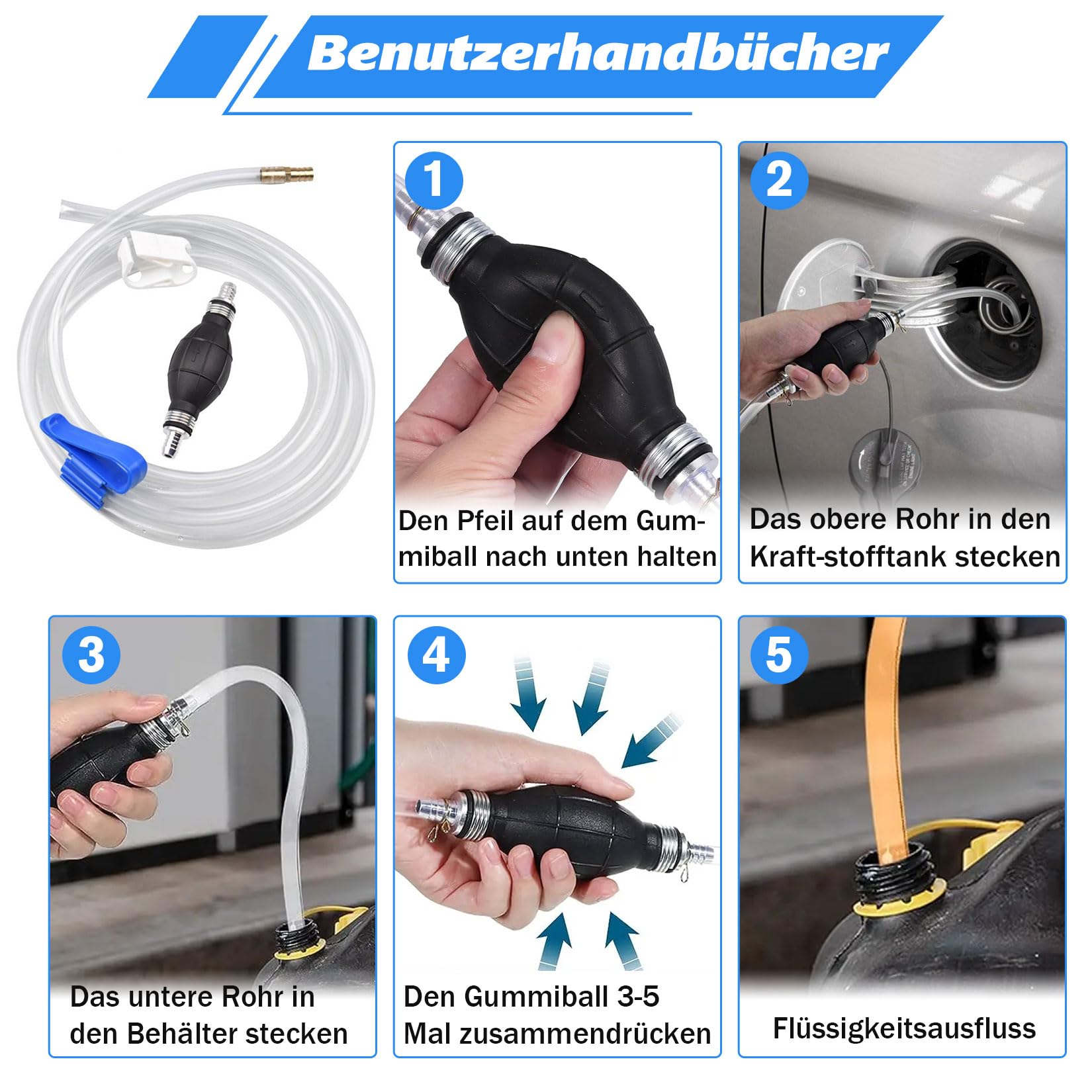 Herbst Benzinpumpe, 8 mm Umfüllpumpe mit 2 m Schlauch Tragbare Handpumpe