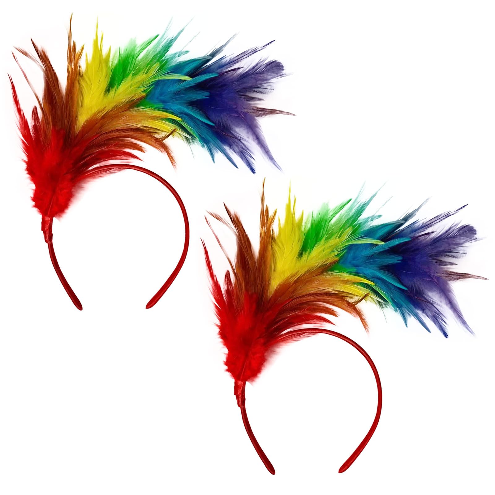 EUPSIIU 2 Pieces Rainbow Feather Headpieces, Carnival Headdress, Fascinators Hairbands, Party Headgear