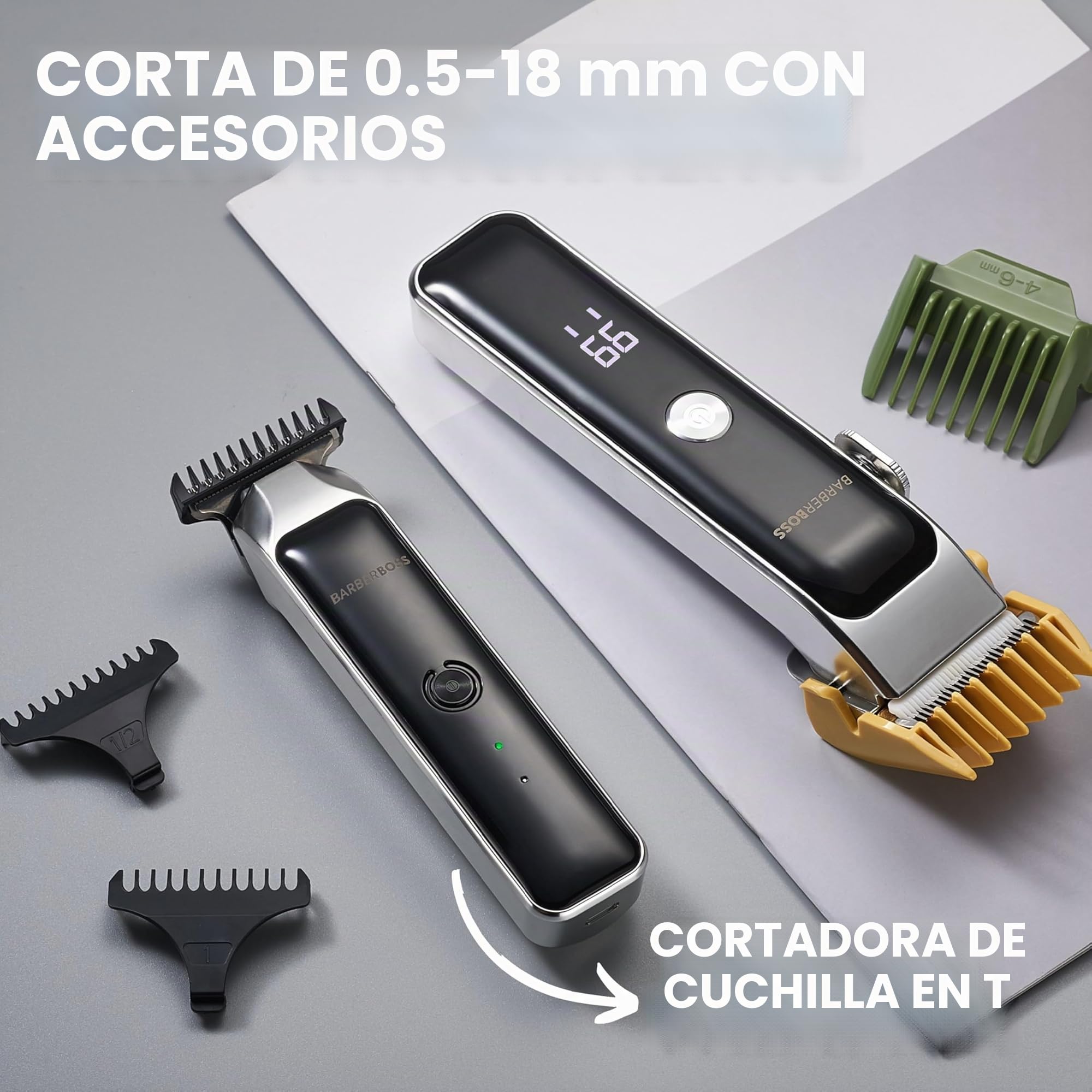 BarberBoss Cortapelos y barba portátil para hombre, con hoja de cerámica, esfera de precisión, peines guía, carga USB, pantalla rojo/verde, QR-2682