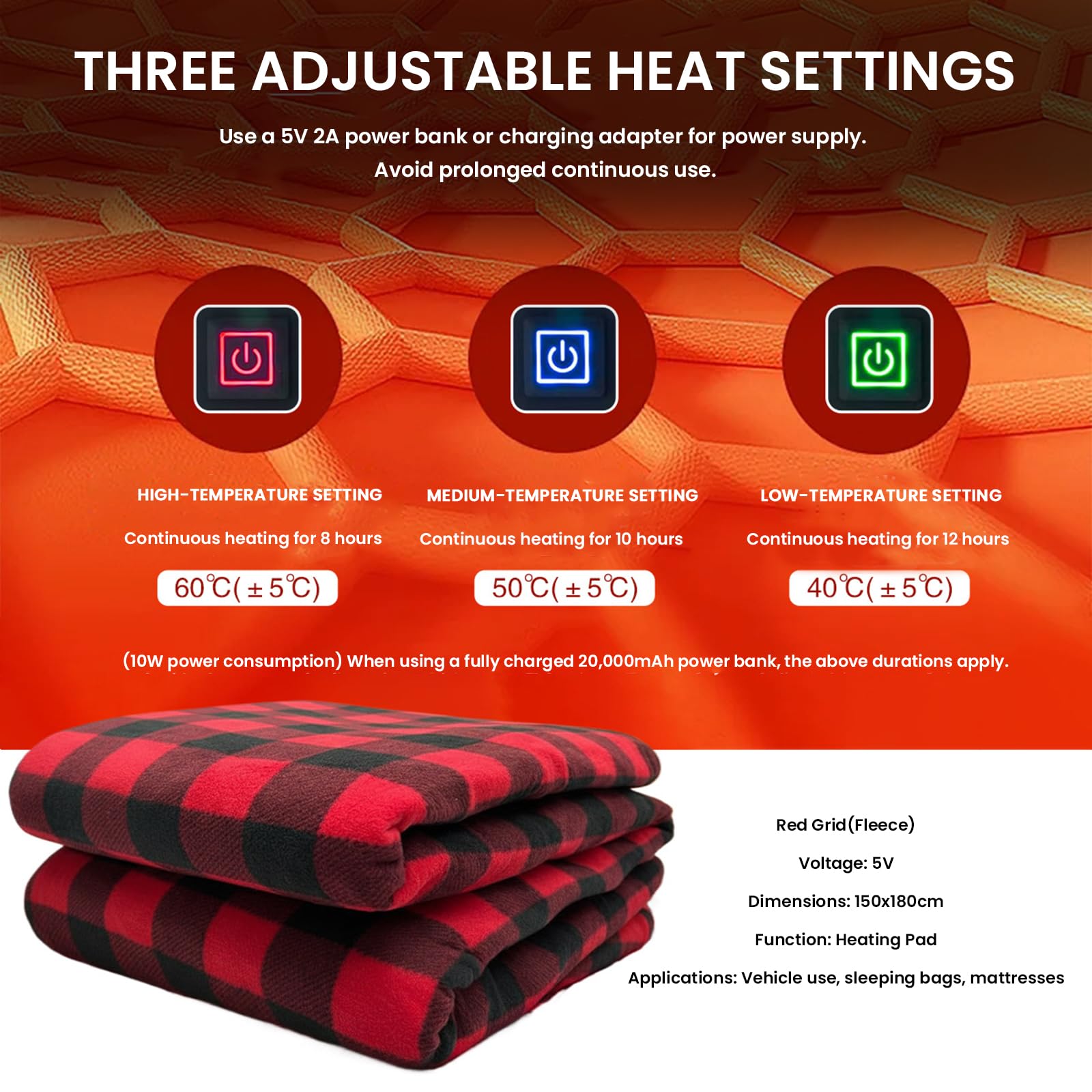 Almohadilla eléctrica de calefacción con 3 temperaturas ajustables, USB portátil, 6 zonas de calor, impermeable para camping y senderismo, color rojo