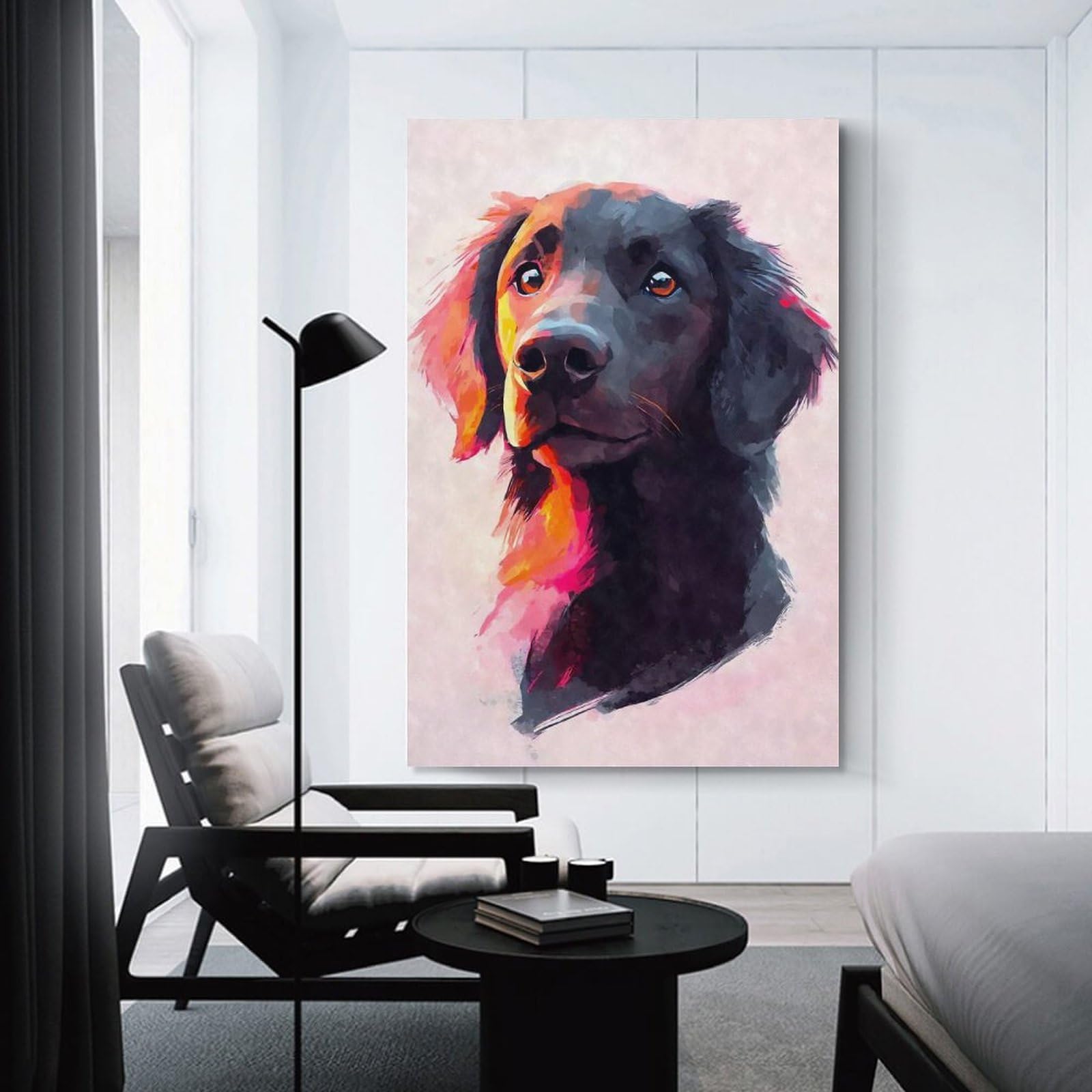 Junmoney Flat-coated Retriever Watercolor Portrait Canvas Wall Picture, 12x18inch(30x45cm), for Wall Displays, Bedrooms Or Room Updates, Wall Decor Suited to Curated Displays