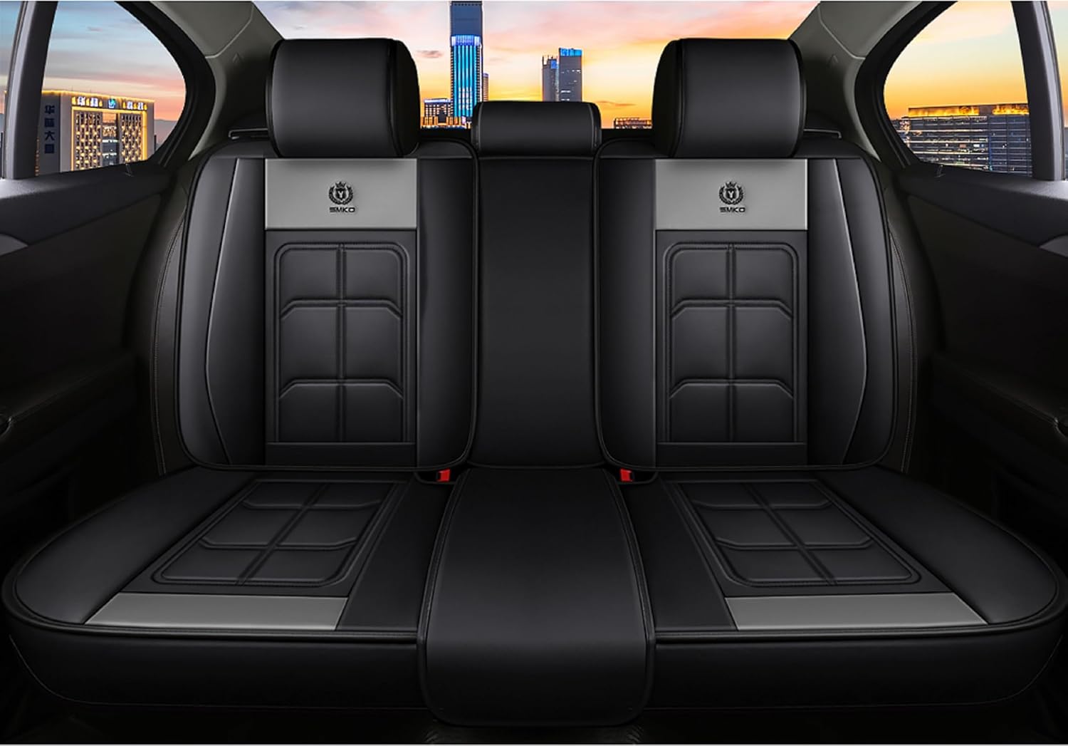 Seat Covers, Car Seat Covers Full Set, Universal Leather Car Seat Cushion for Hyundai Santa Fe 2025 Vehicles, Waterproof 5 Seats Car Seat Protector (Black/Grey)