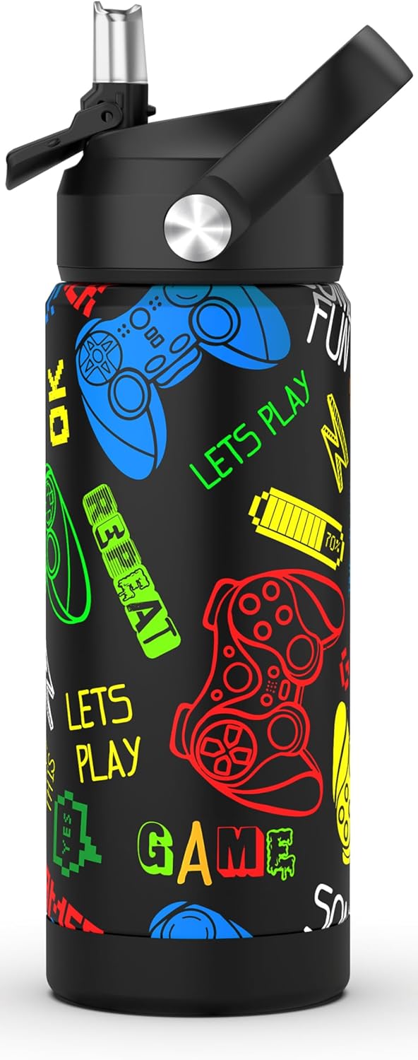 Boys Game Water Bottle for School，Kids 18 oz Insulated Stainless Steel Cup with Straw, Double-Wall Vacuum Leakproof