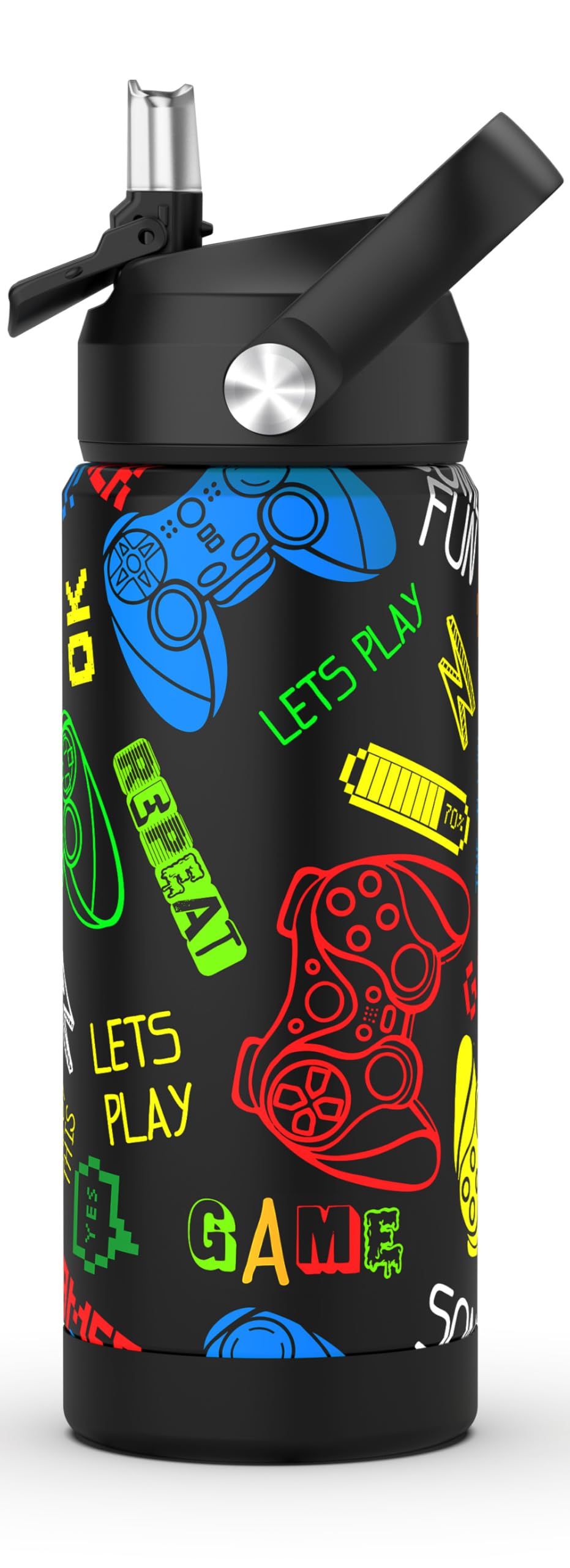 Boys Game Water Bottle for School,Kids 18 oz Insulated Stainless Steel Cup with Straw, Double-Wall Vacuum Leakproof