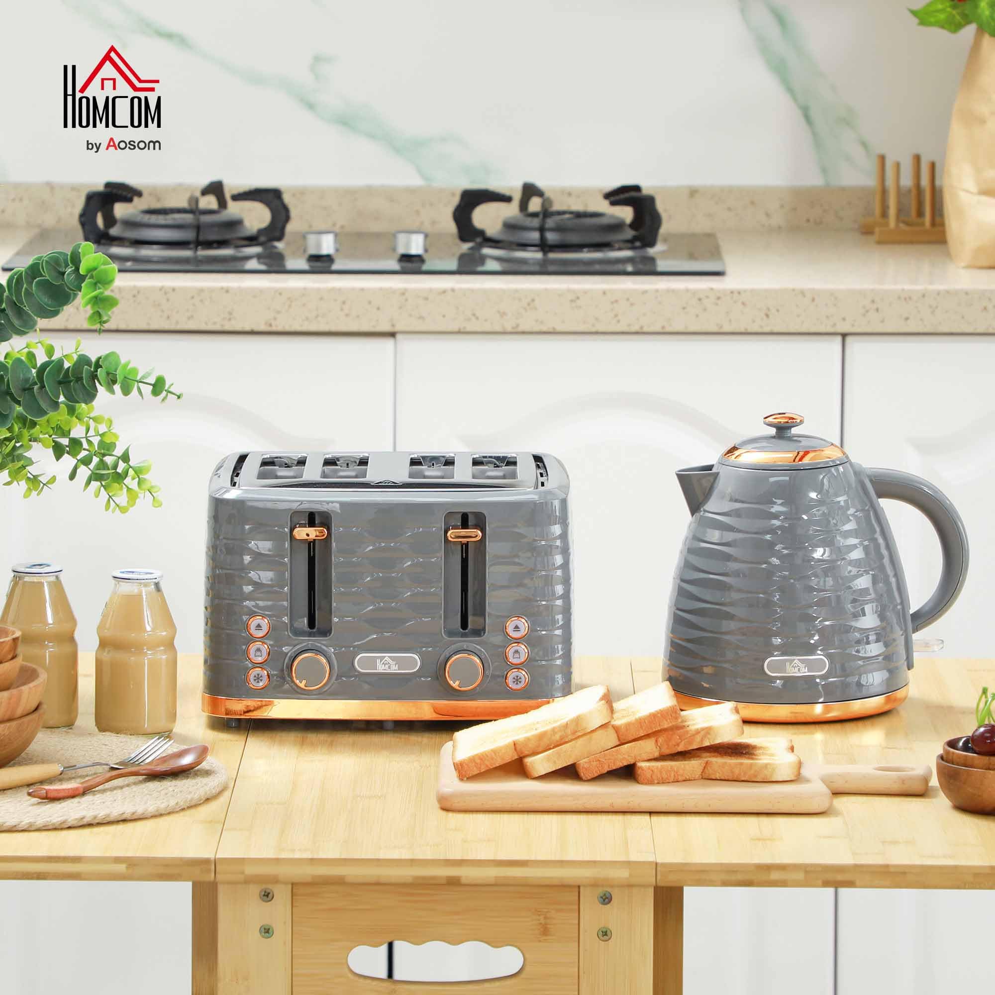 HOMCOM Wasserkocher Toaster Set 1,7L 4 Scheiben 2200W 7 Bräunungsstufen Grau