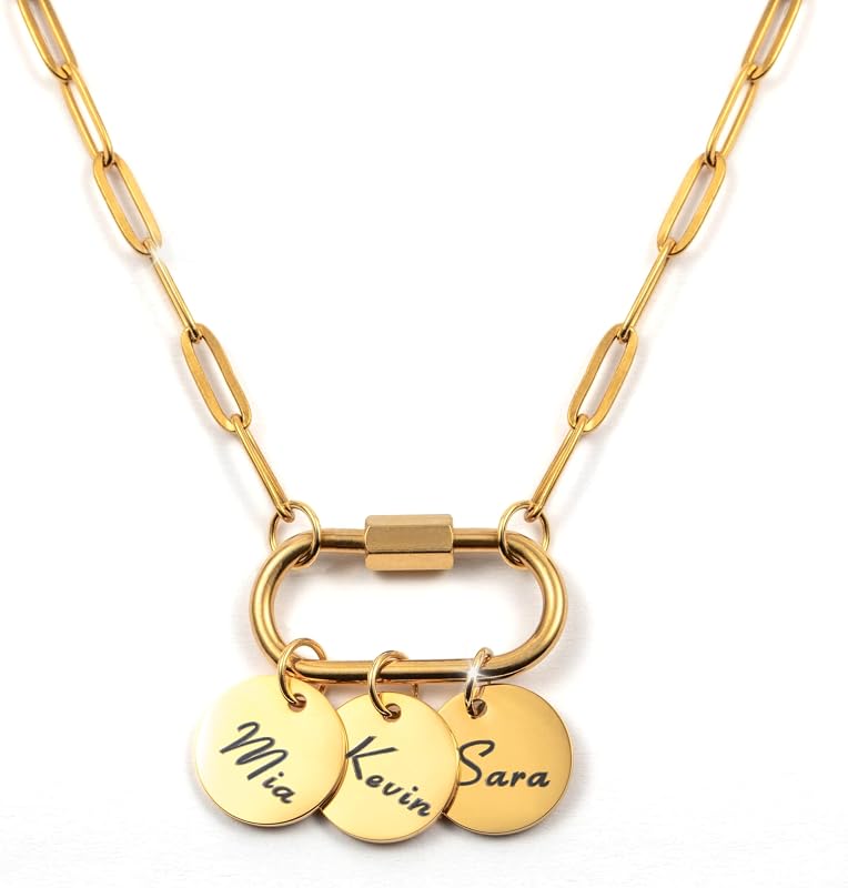 Custom Kids Names Coin Necklace for Mom with Engraved Charms and Initials | Grandma gifts with engraved coin charms — add one coin per child in tarnish-resistant gold or silver plated stainless steel