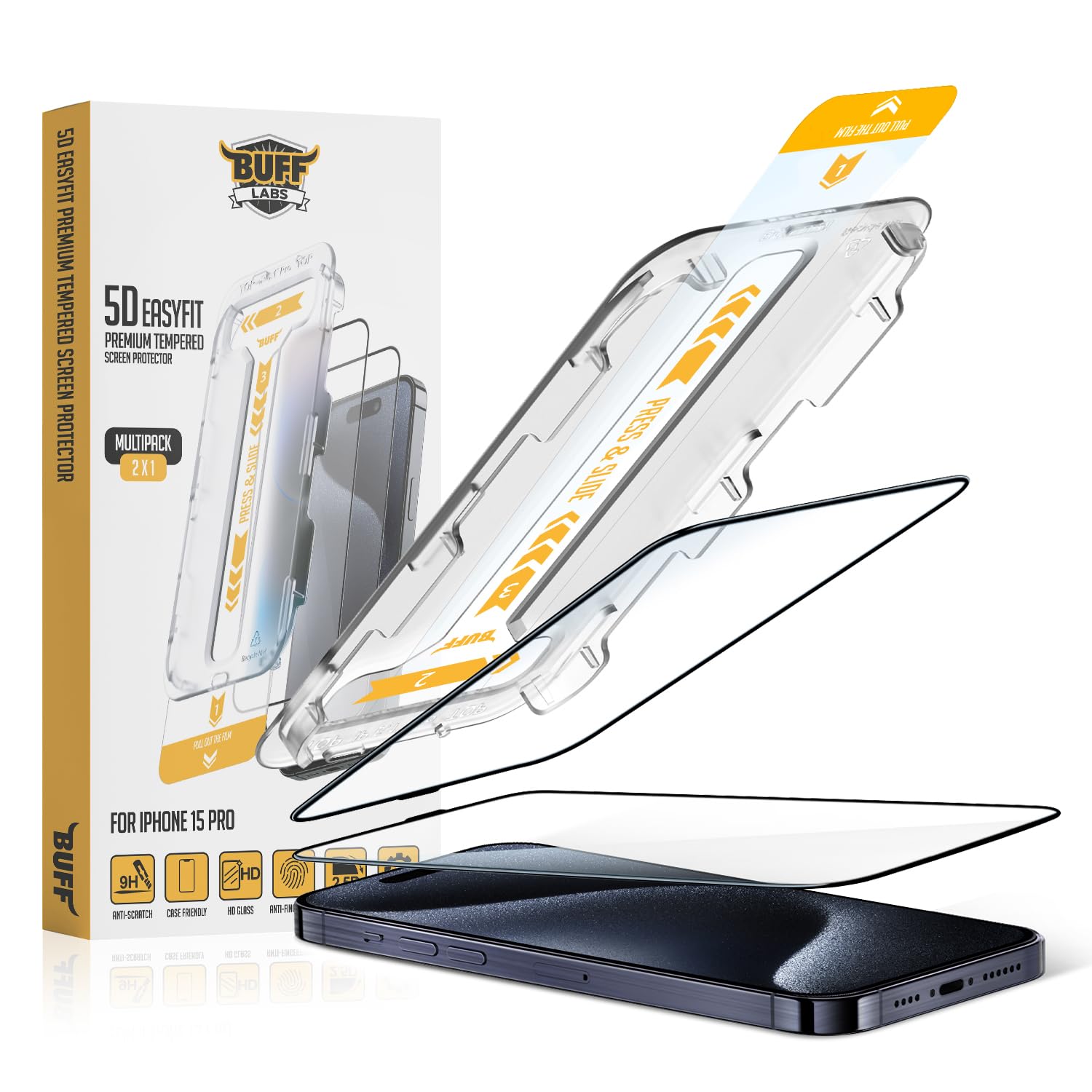 Buff, iPhone 15 Serisi ile Uyumlu 5D EasyFit 2 Adet Kolay Uygulama Aparatlı Ekran Koruyucu Temperli Cam, iPhone 15 Pro, Şeffaf