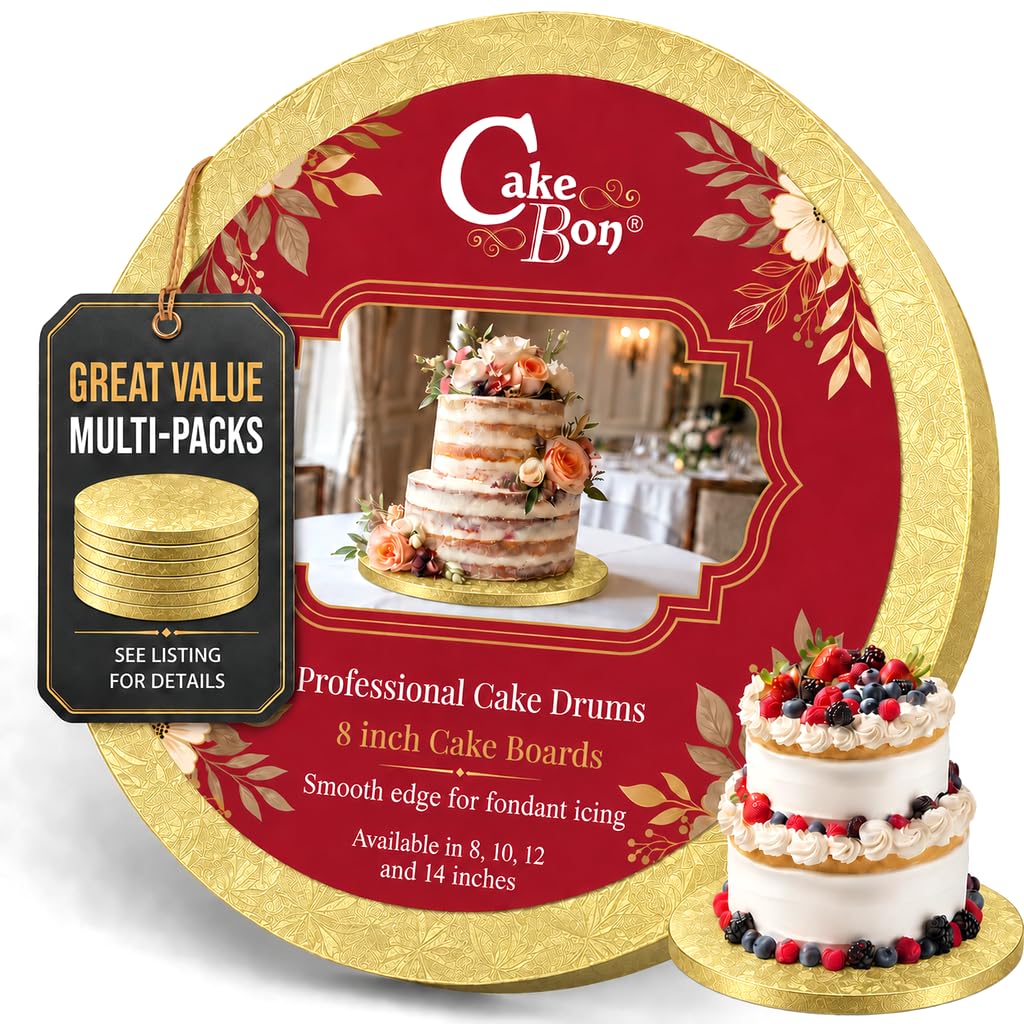 Cakebon Cake Boards 8" Gold Round Cake Drums 1/2" Thick Smooth Edge 3Pack