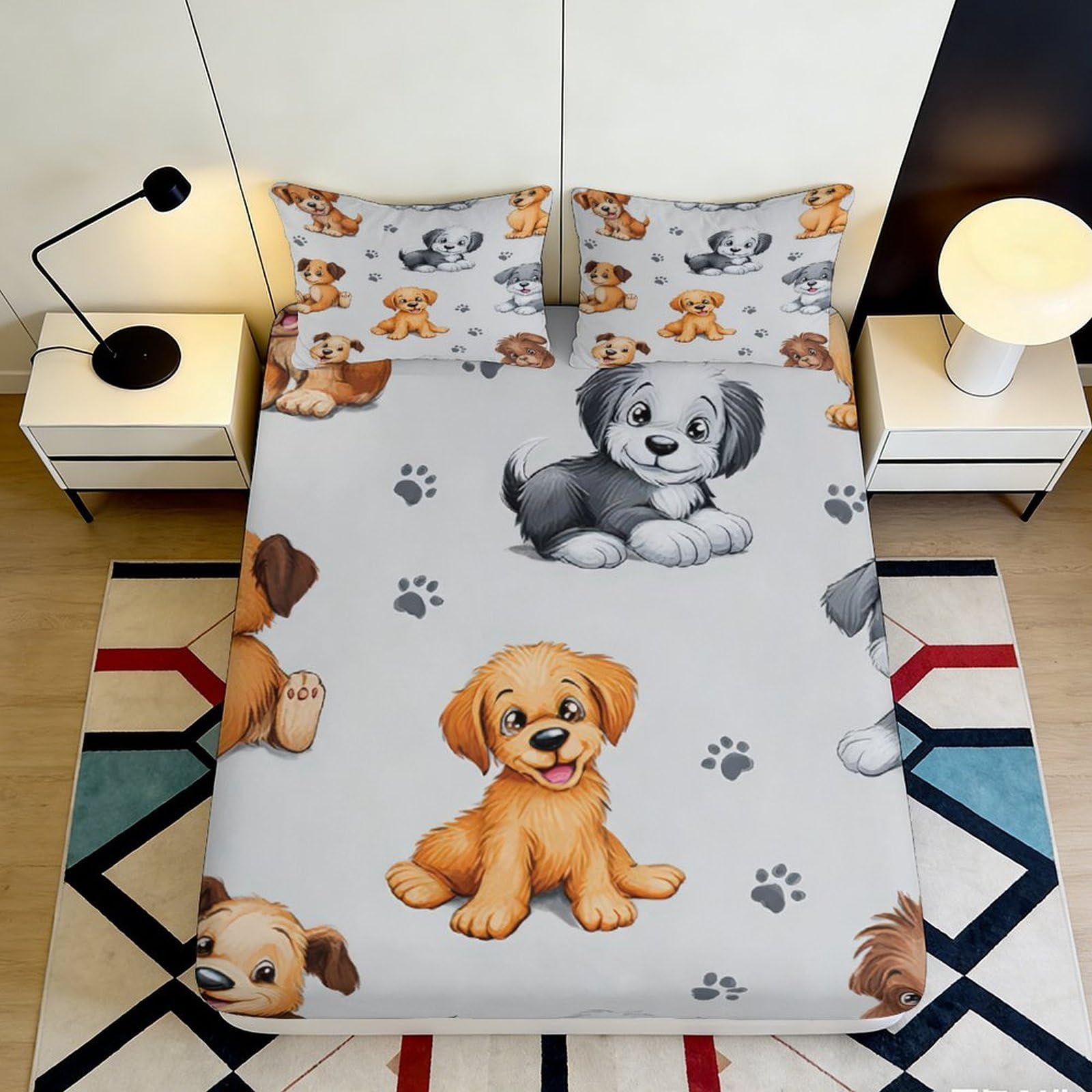3D Printed Cute Puppy Fitted Sheet Microfiber Soft Breathable Paw Print Mattress Cover for Bedroom Dorm Decor 90x200x25cm