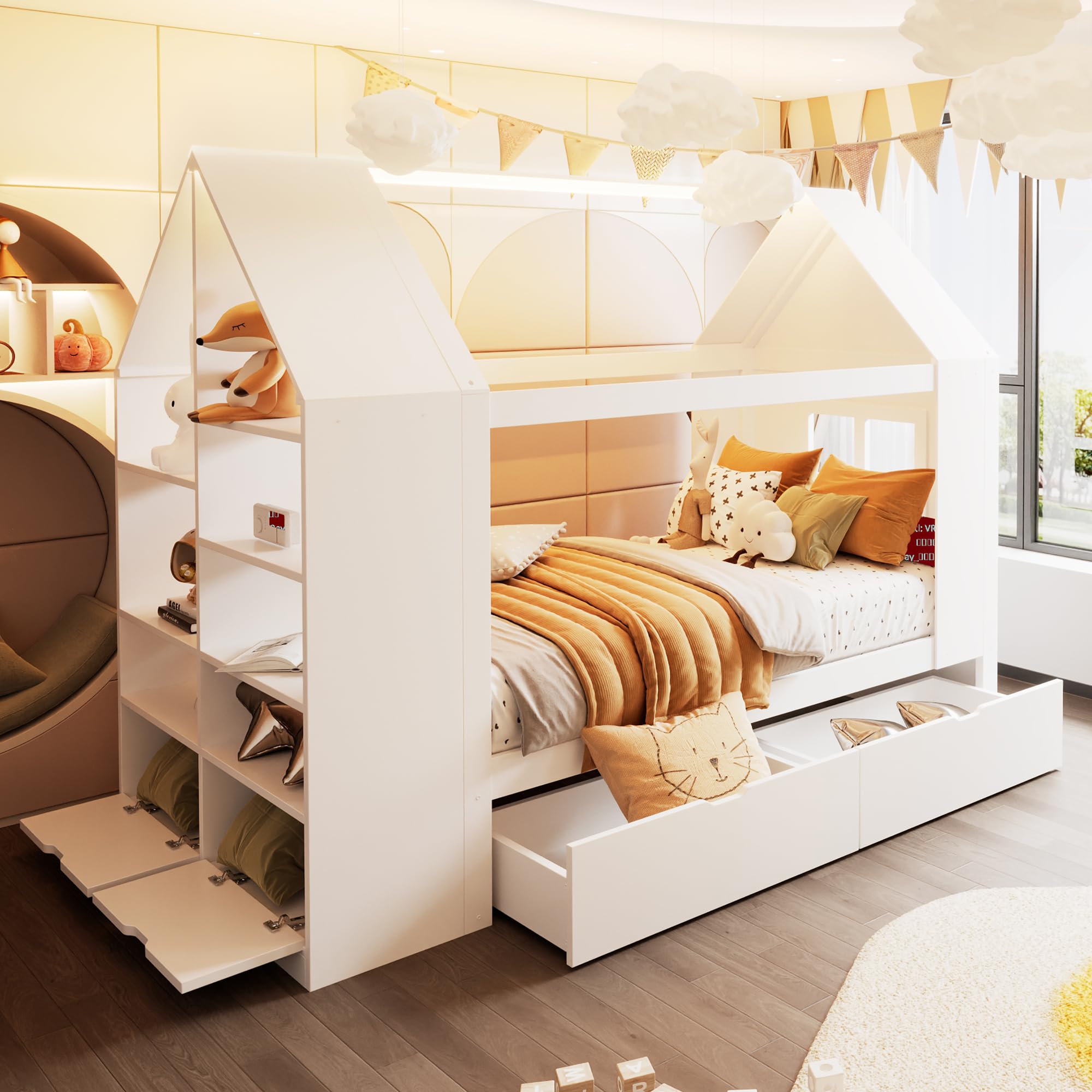 Kinderbett 90x200 Hausbett mit LED und Stauraum, Einzelbett mit Schubladen, Holzbetten für Kinder und Jugendliche, Massivholz Weiß