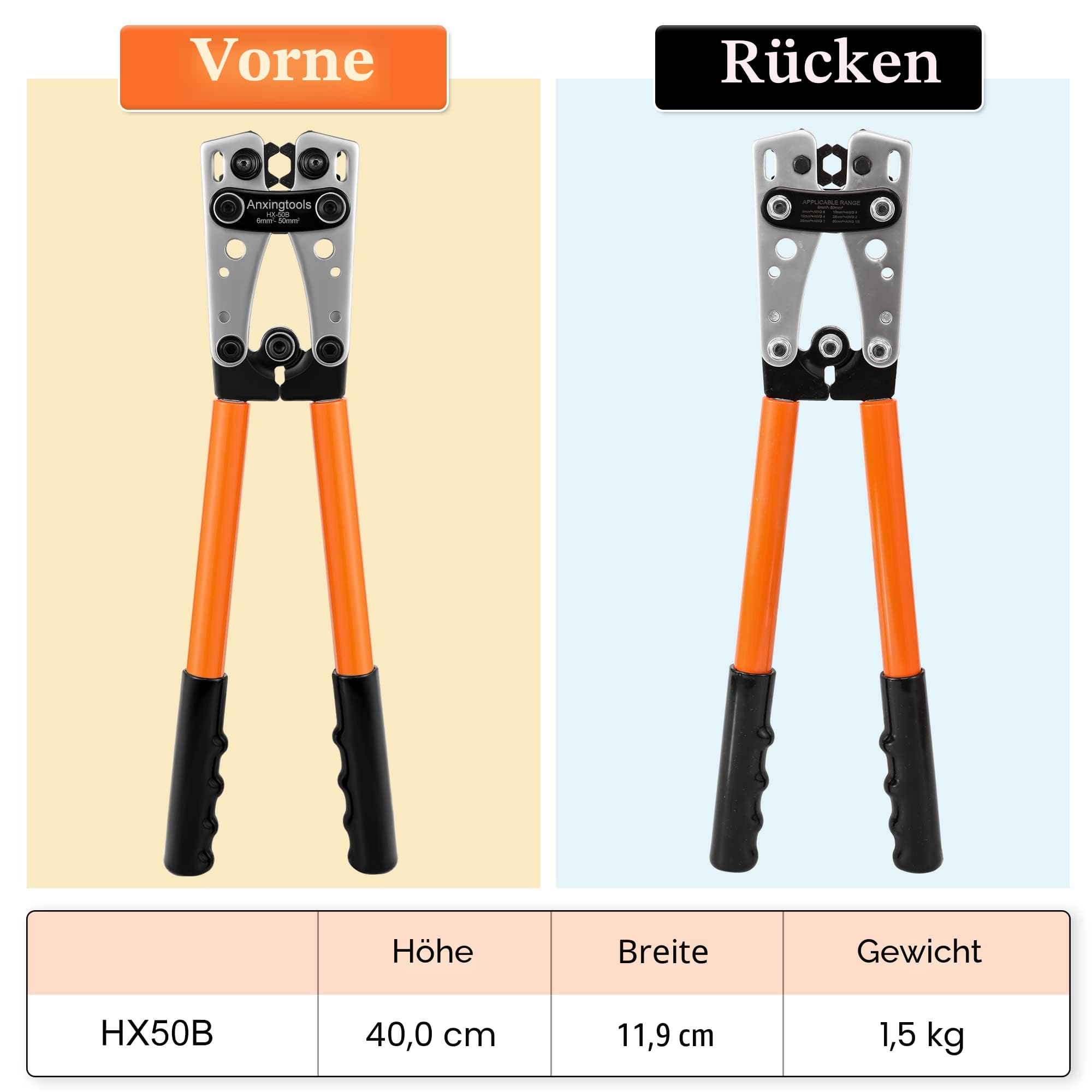 Batteriekabel-Crimpzange für 6/10/16/25/35/50 mm² Batterie-Kupfer-Ringkabelschuhe, Kupferkabelschuhe, Hochleistungs-Crimper für Kabelschuhe (HX50B crimper+terminals)