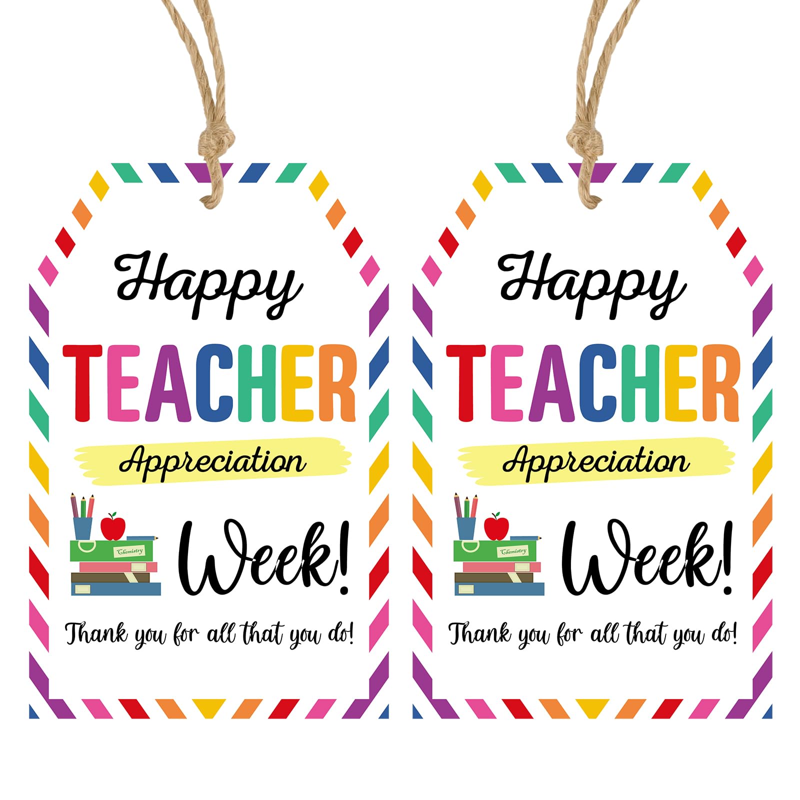Anwyll Teacher Week Gift Tags - 50Pcs Happy Teacher Appreciation Week Tags with String Teachers Thank You Tag Personalized Thanks for All You Do Hang Paper Tag for Gift Present Treat Bag Party Favors