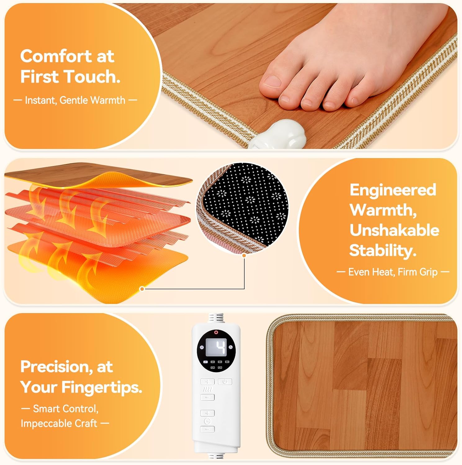 Heated Floor Mat, Foot Warmer Under Desk with 12 Adjustable Temperature & 12H Timer, 20"x12" Electric Heating Pad for Office Home, Safe with Shoes On, Brown Wood Grain, Feet Rest for Desk - Image 5