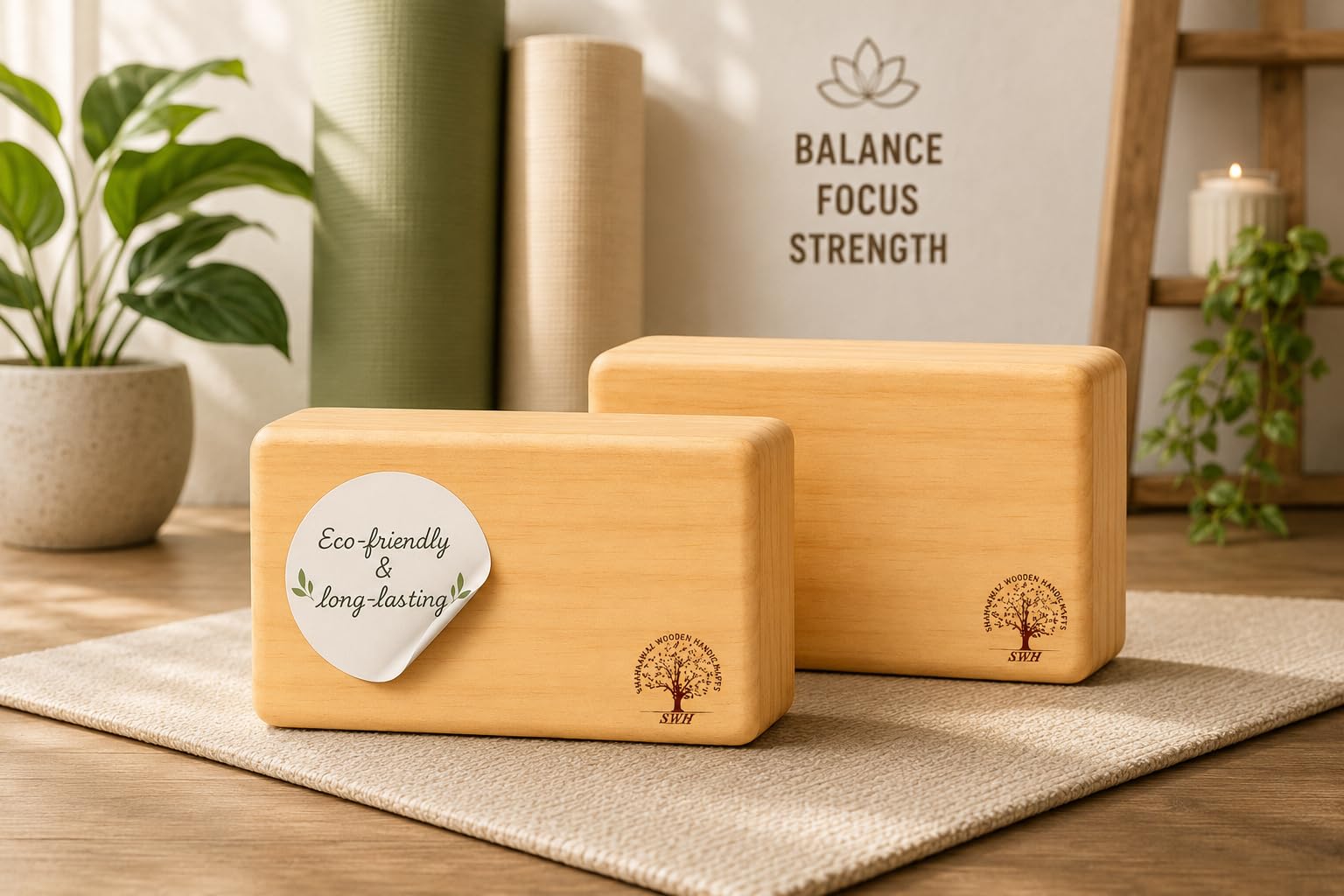 Wooden Yoga Block Set of 2 | Natural Pine Wood Lightweight Support Block | Strong & Durable Prop for Balance, Flexibility & Stability | Iyengar Yoga, Pilates, Stretching & Home Workout-image-5