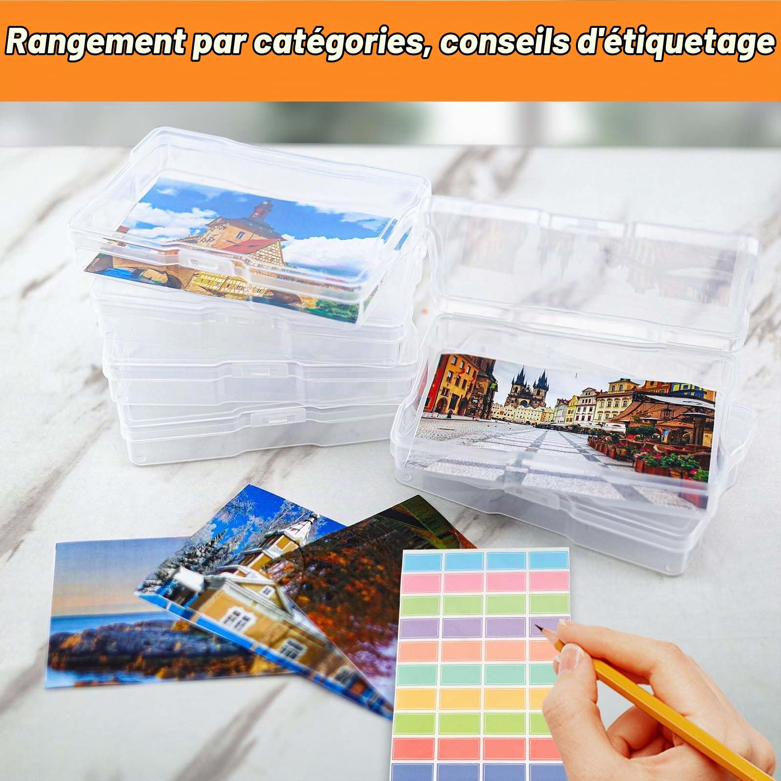 Boîte de Rangement Photo Organisateur de Photos en Plastique avec 6 Boîtes Intérieures et 40 Étiquettes Autocollantes pour Cartes, Photos, Tampons, Fournitures de Bureau, Graines