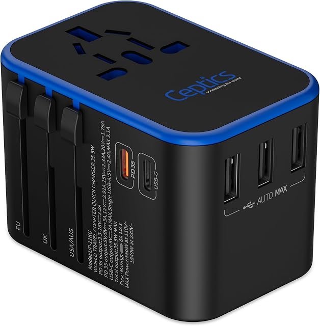Ceptics World International Travel Plug Adapter - Powerful 35W with Pd & QC 3.0 Dual USB-C Power - 3 USB Ports Wall Charger Type I C G A Outlets 110V 220V A/C - EU Euro US UK
