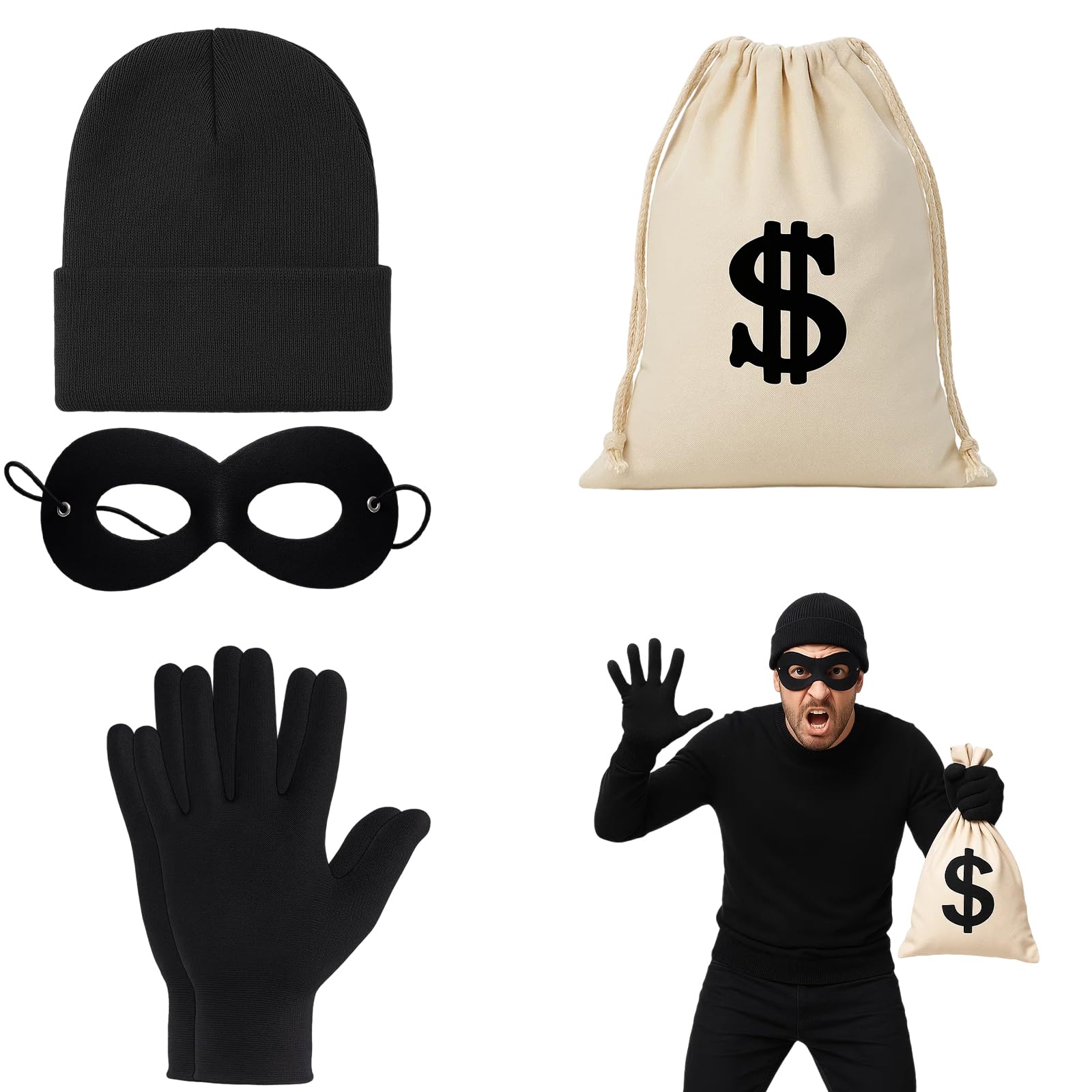 Burglar Costume, 4-Piece Robber Costume Set with Beanie Cap, Eye Mask, Gloves and Swag Bag, Cops and Robbers Fancy Dress for Halloween Parties, Cosplay Events and Themed Dress-Up