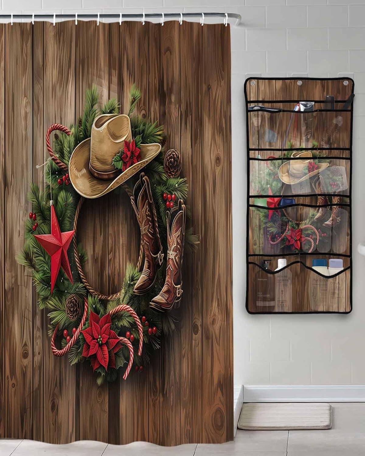 TocaHome Decorative Shower Curtain Sets Christmas Cowboy Garland Fabric Shower Curtains Winter Xmas Poinsettia Brown Wooden Grain Mesh