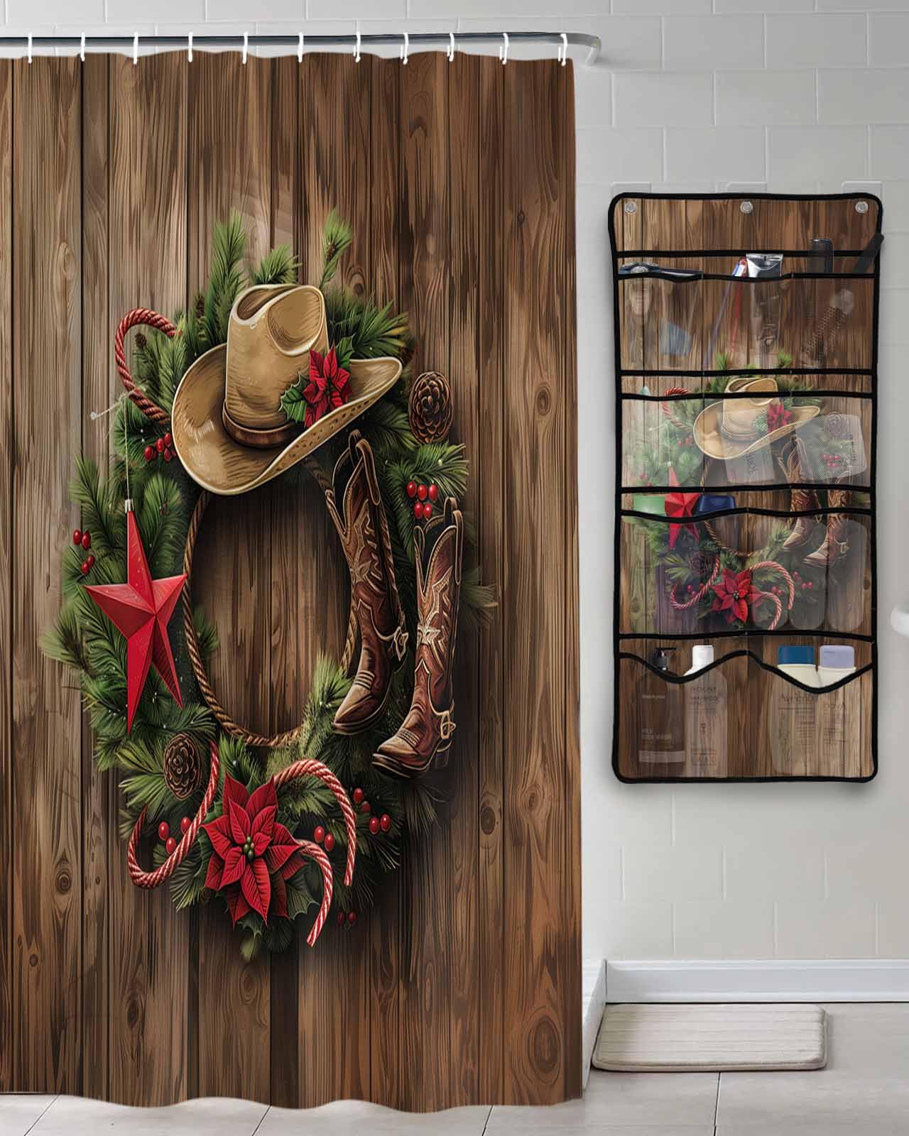 TocaHome Decorative Shower Curtain Sets Christmas Cowboy Garland Fabric Shower Curtains Winter Xmas Poinsettia Brown Wooden Grain Mesh