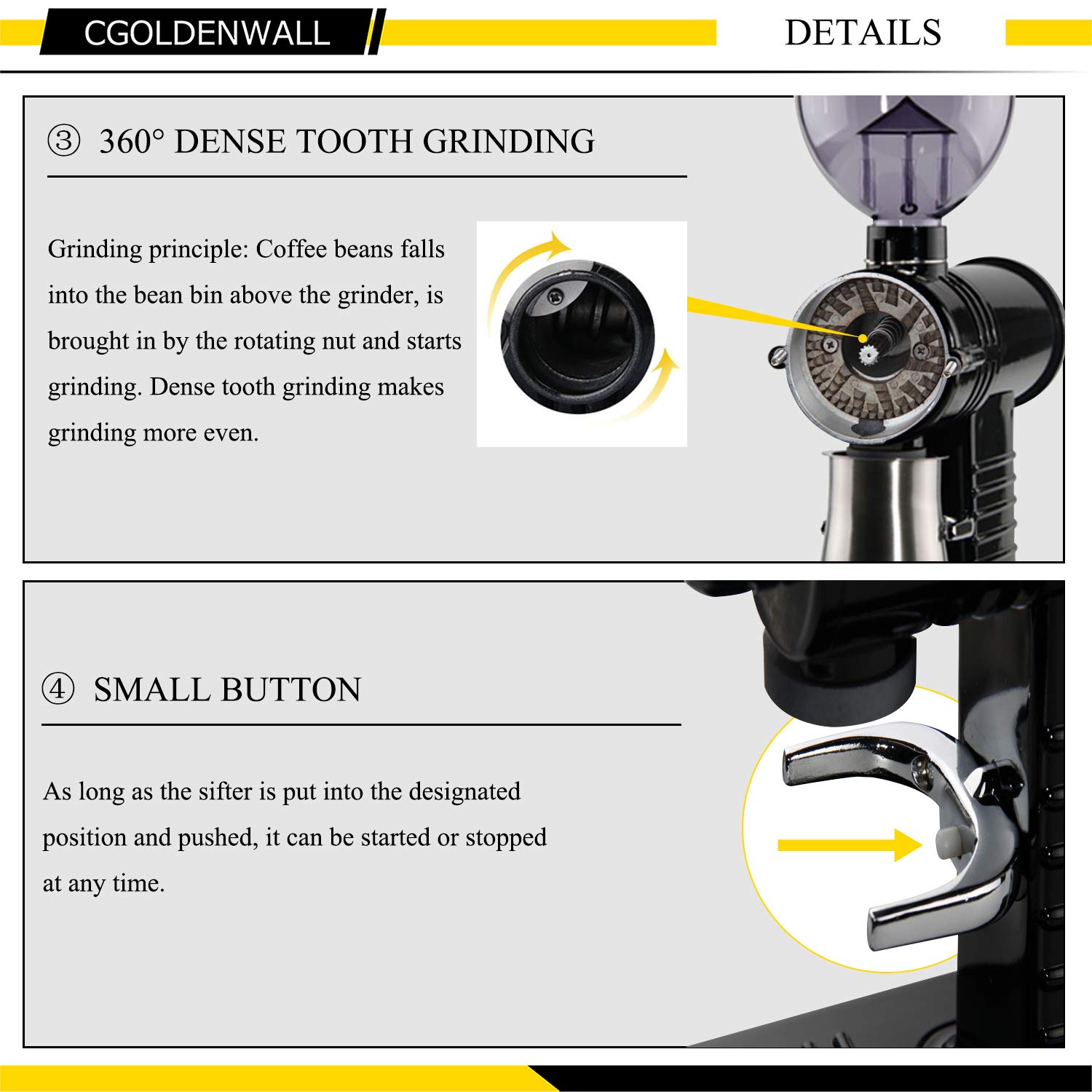 CGOLDENWALL Molinillo de café eléctrico, molinillo de café automático, molinillo de granos de café, molinillo de granos de café, 10 niveles de grosor ajustable (negro)
