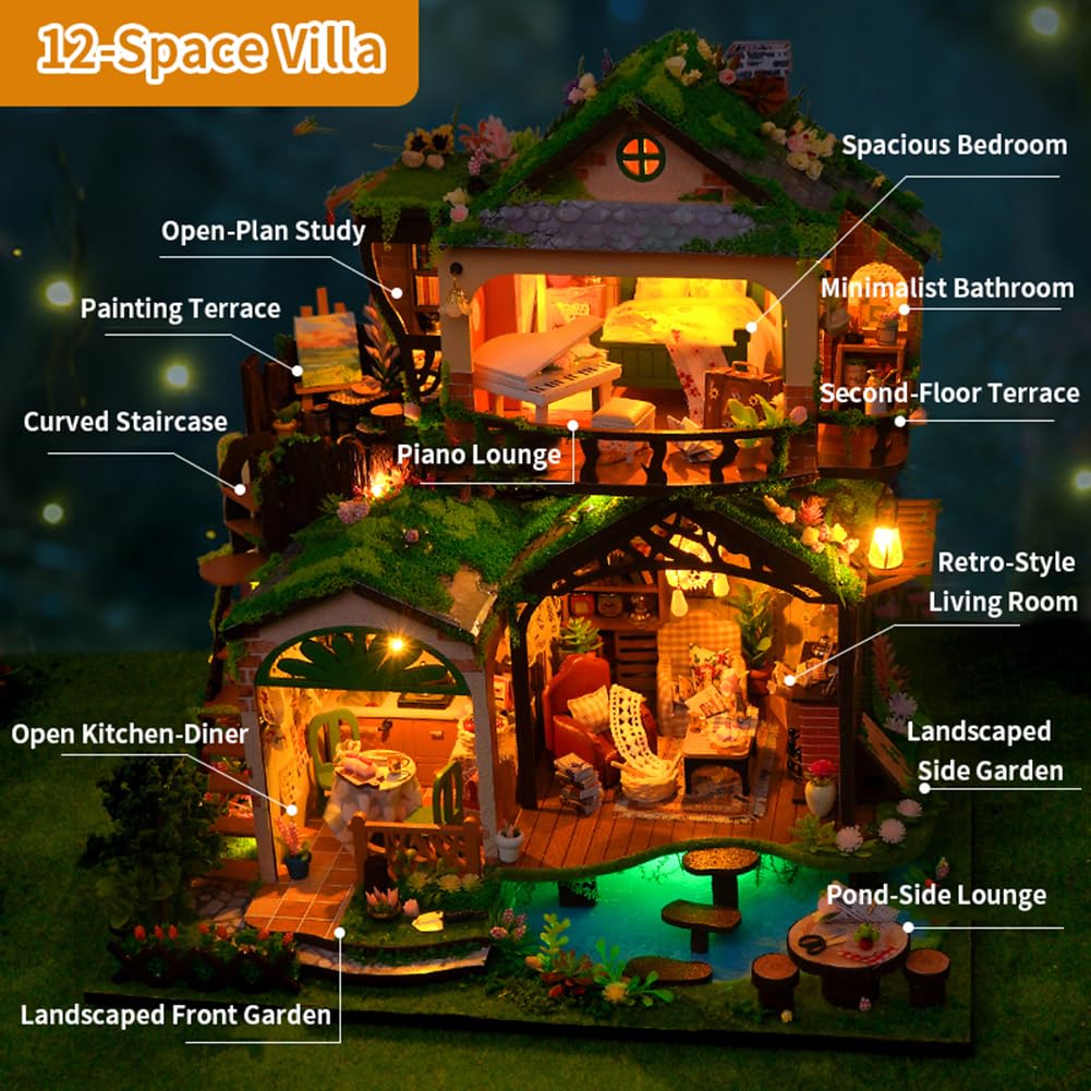 DIY-Puppenhäuser, 3D-Zimmerpuzzle & Buchstütze， DIY Puppenhaus Kit mit LED-Beleuchtung – Kreativset zur Regaldekoration (Mit Staubschutzhülle)