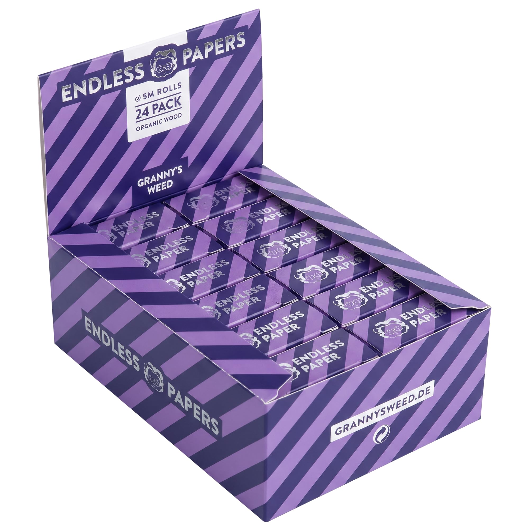 Granny's® Endless Papers aus Zellstoff (Holz) | 24er Box | 45 mm Breite | 24x 5 Meter Endlospapier | 120 Meter gesamt | Grannys Papers | In Granny We Trust