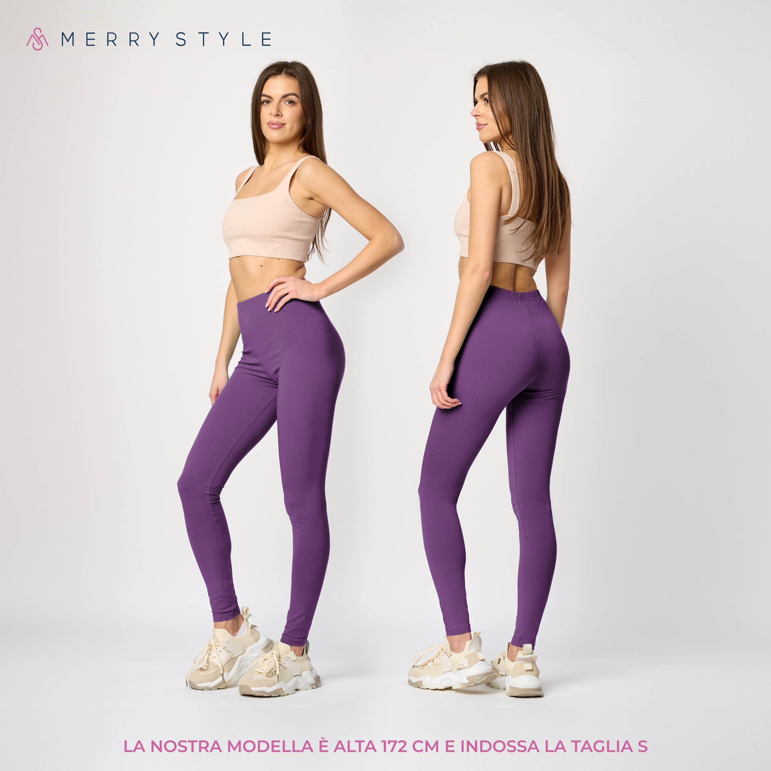Merry Style Lunghi Leggings Fuseaux Sportivi da Donna Pratico Modello a Vita Alta in Cotone Naturale MS10-198