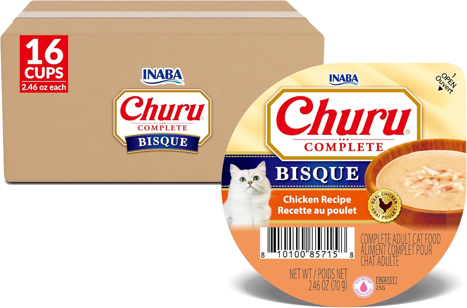 INABA Churu Complete Bisque for Cats, Grain-Free, High Protein & Moisture, Wet Cat Food with Fish Oil, 2.46oz. Cup, 8 Cups, Chicken Recipe with Salmon (Pack of 2)