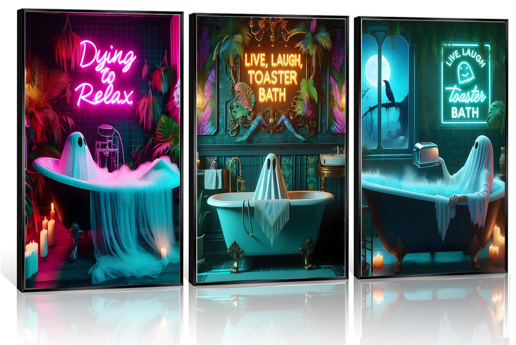 3 Pcs Halloween Ghost Neon Bathroom Canvas Wall Art Neon Sign Dying To Relax Wall Decor Pictures Funny Gothic Ghost Toaster Posters Prints for
