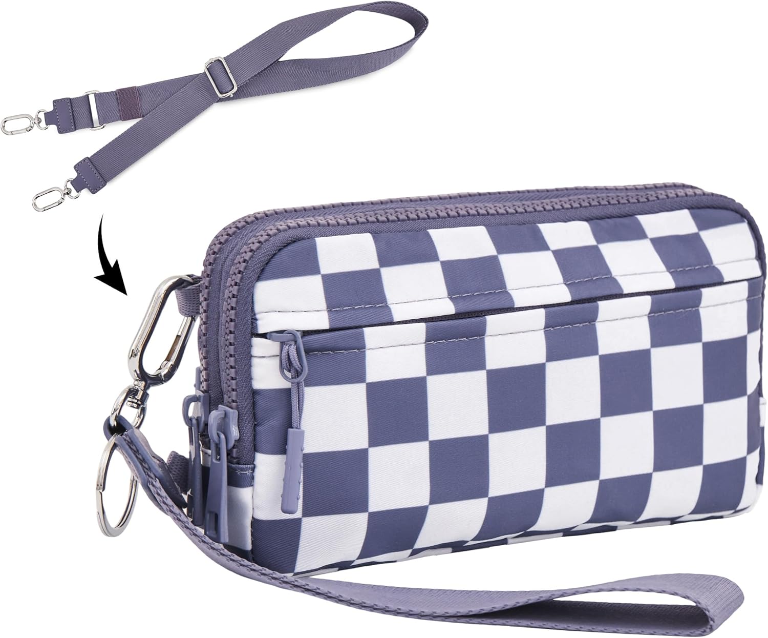 Wristlet Wallets for women,Checkered Crossbody Bag,4 Zipper Nylon RFID Clutch Purse With 2 Straps,Cell Phone Purse