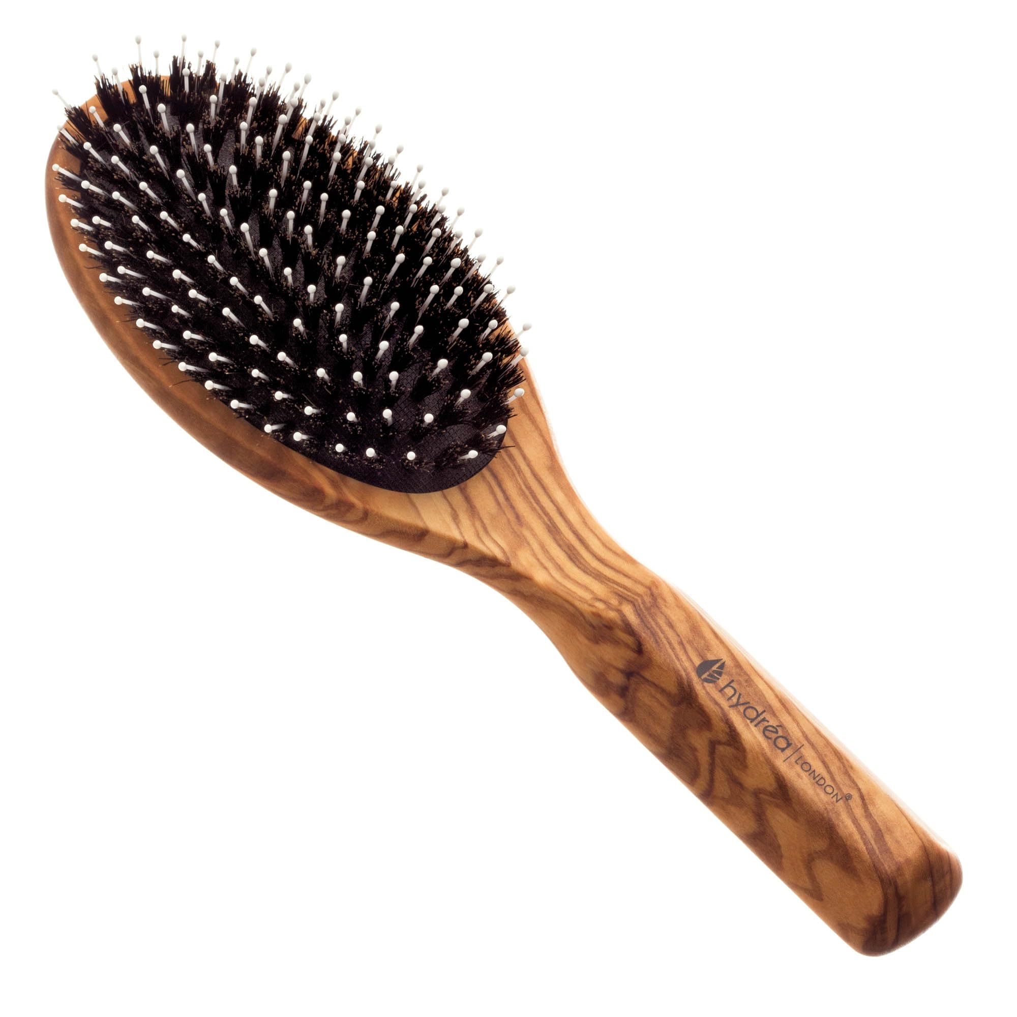 Hydréa London Brosse à Cheveux en Bois d'Olivier avec Épingles en Nylon et Coussin Confort Anti-Traction - Démêlant Luxe pour Femme & Homme - Cheveux Moyens à Épais