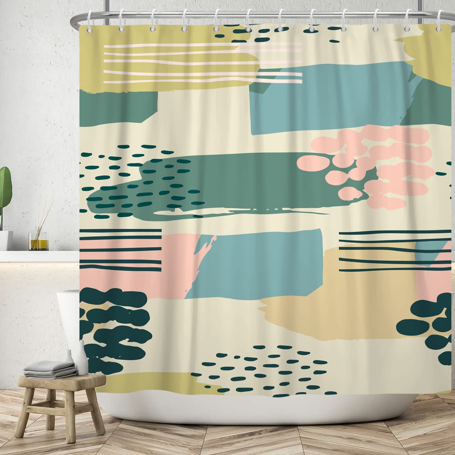 183x213cm Cortina de Baño Bohemia Impermeable Cortina de Ducha de Arte Abstracto Planta Tropical de Medio Siglo Cortinas de Ducha Lavables para Bañera con Gancho — view 34