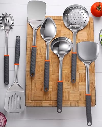 Miniatura 2 de Juego de 7 utensilios de cocina antiadherentes, acero inoxidable con silicona, resistente al calor, fácil agarre, gris y naranja
