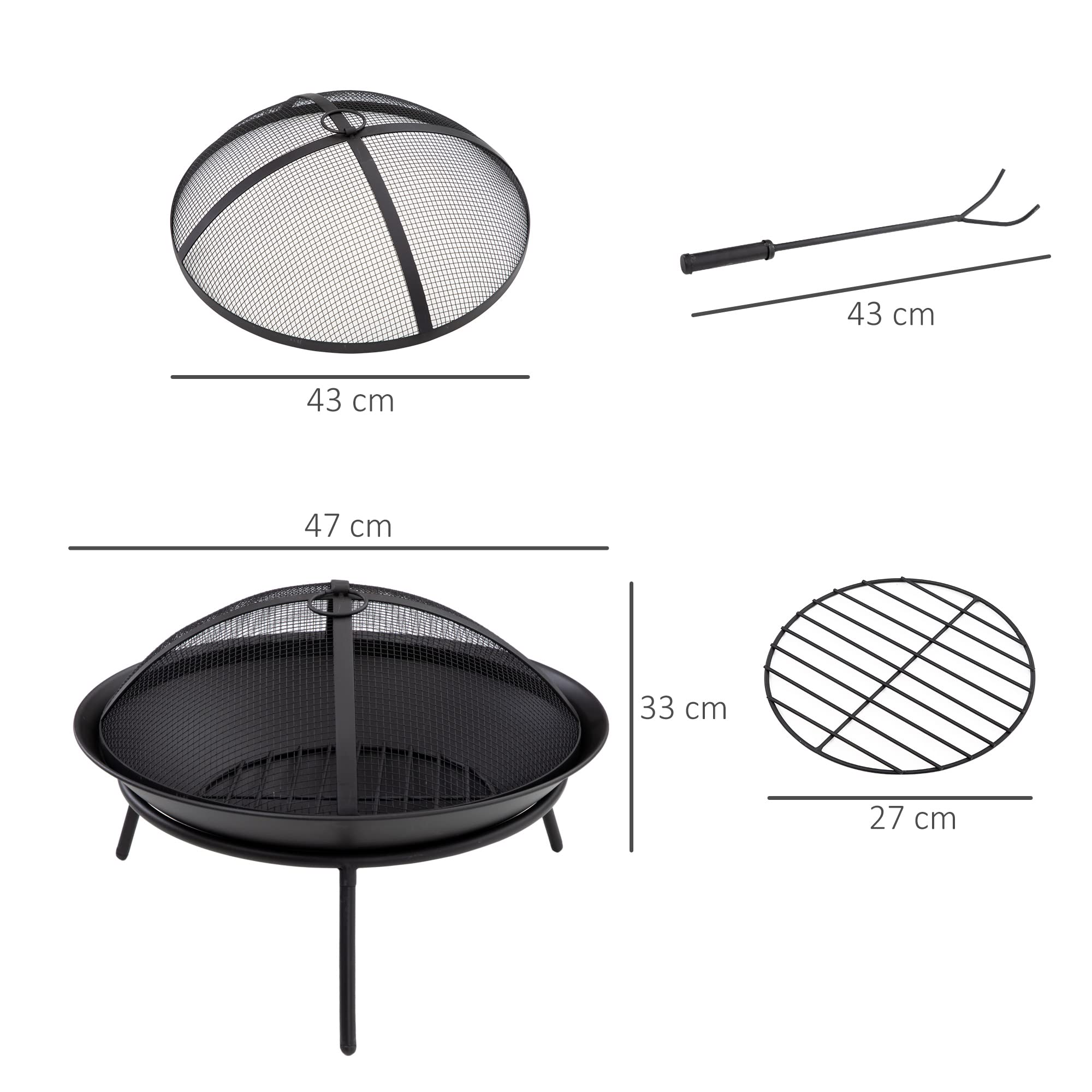 Outsunny Brasero Exterior para Jardín Pozo de Fuego de Metal con Protector de Chispas y Atizador para Hogueras Terraza Camping al Aire Libre Ø47x33 cm Negro