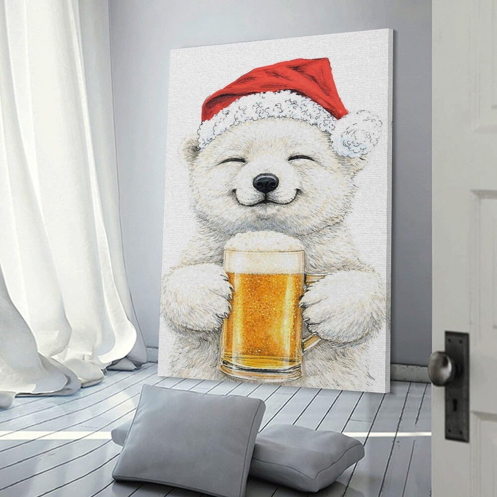 Junmoney Polar Bear with Santa Hat And Beer Canvas Wall Decor 24x36inch(60x90cm), for Study, Office Or Focused Interiors, Wall Art That Adds Style to Work Areas