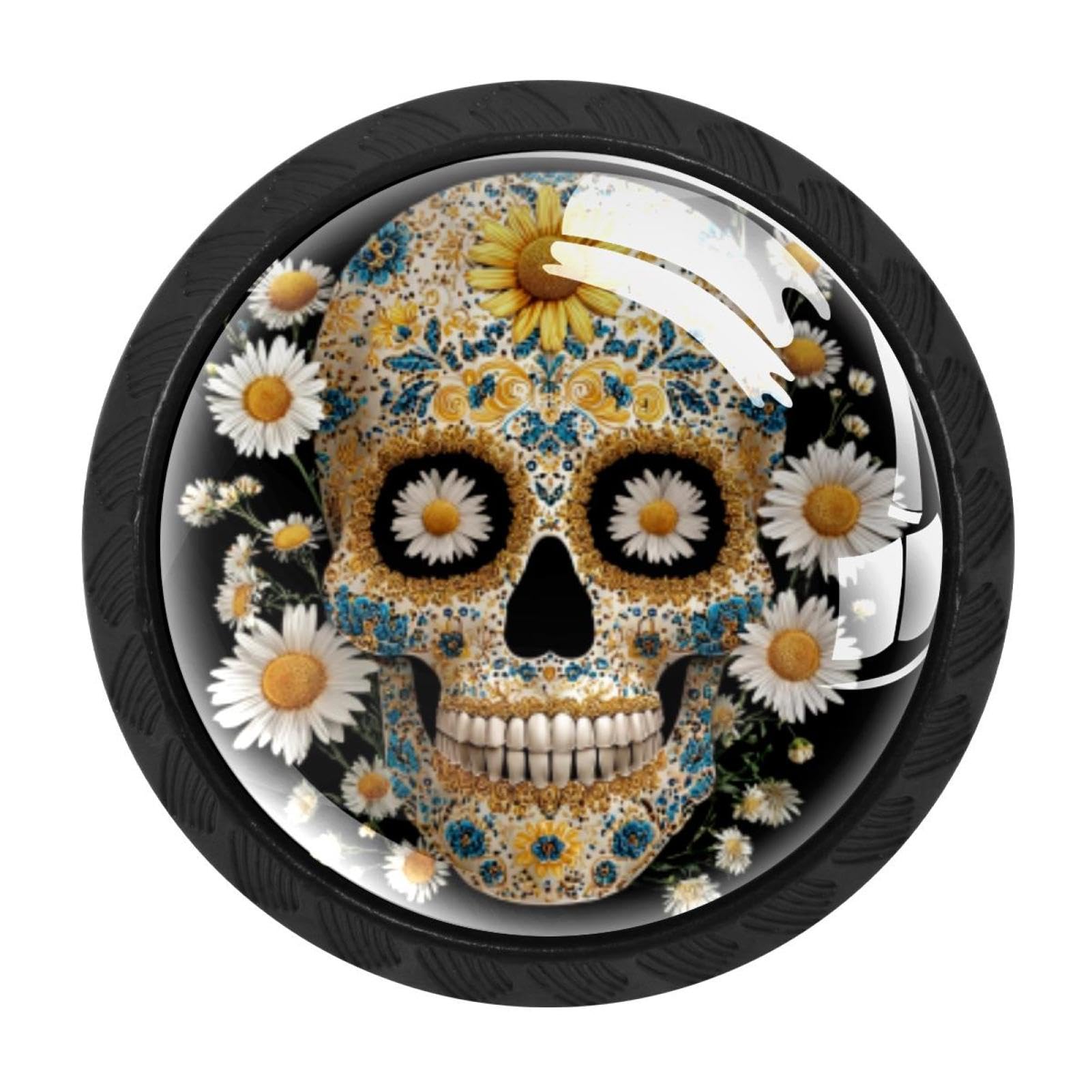 CHENZZZZ 4 Pieces Round Cabinet Knobs Rustic Dresser Knobs, Drawer Cupboard Wardrobe Cabinet Pulls Handles Hardware for Home Kitchen Furniture, Sugar Skull Daisy