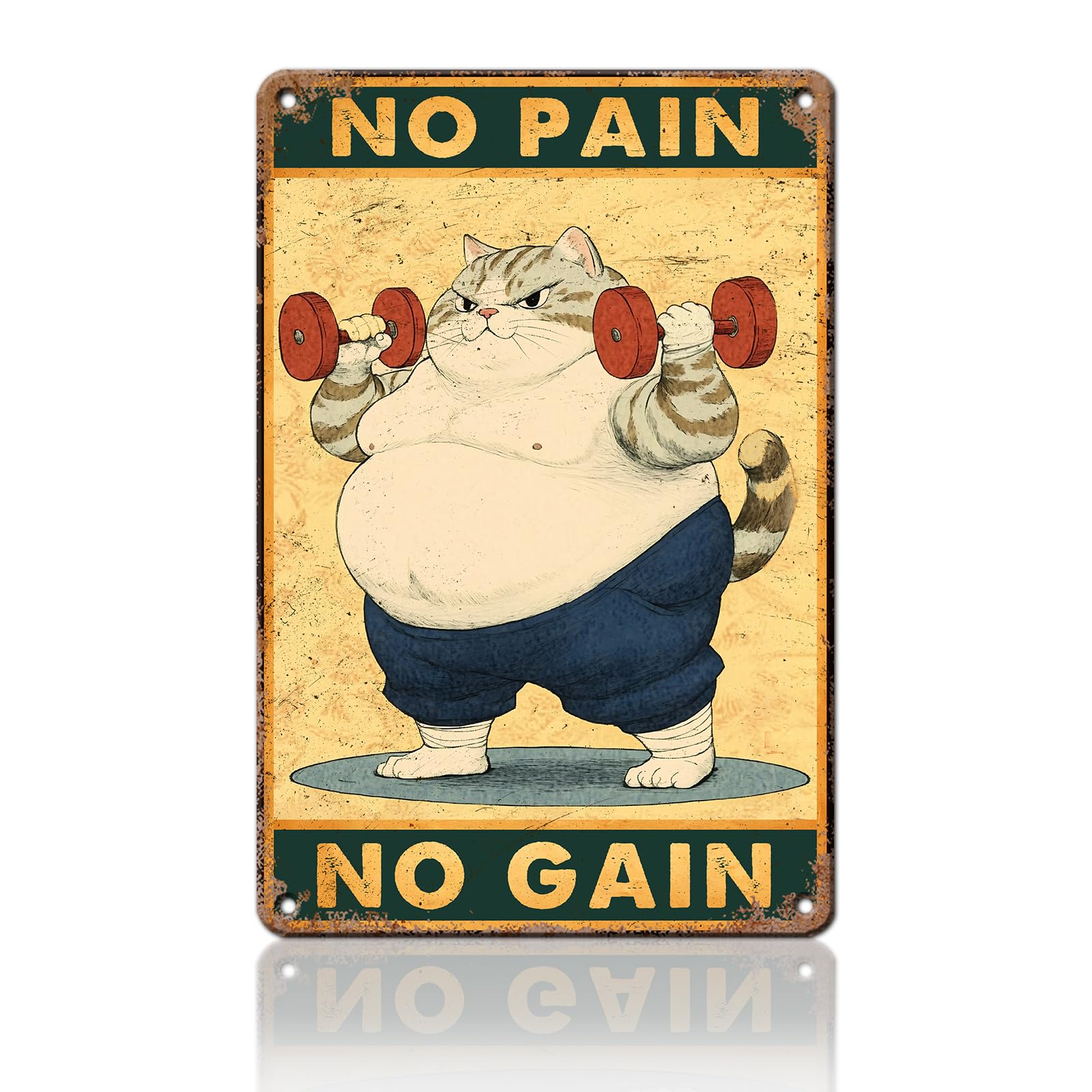 Anceky Vintage Tin Sign No Pain No Gain Cat Metal Sign Funny Wall Decor for Cafe Bar Plub Garage Home 12×8 Inch
