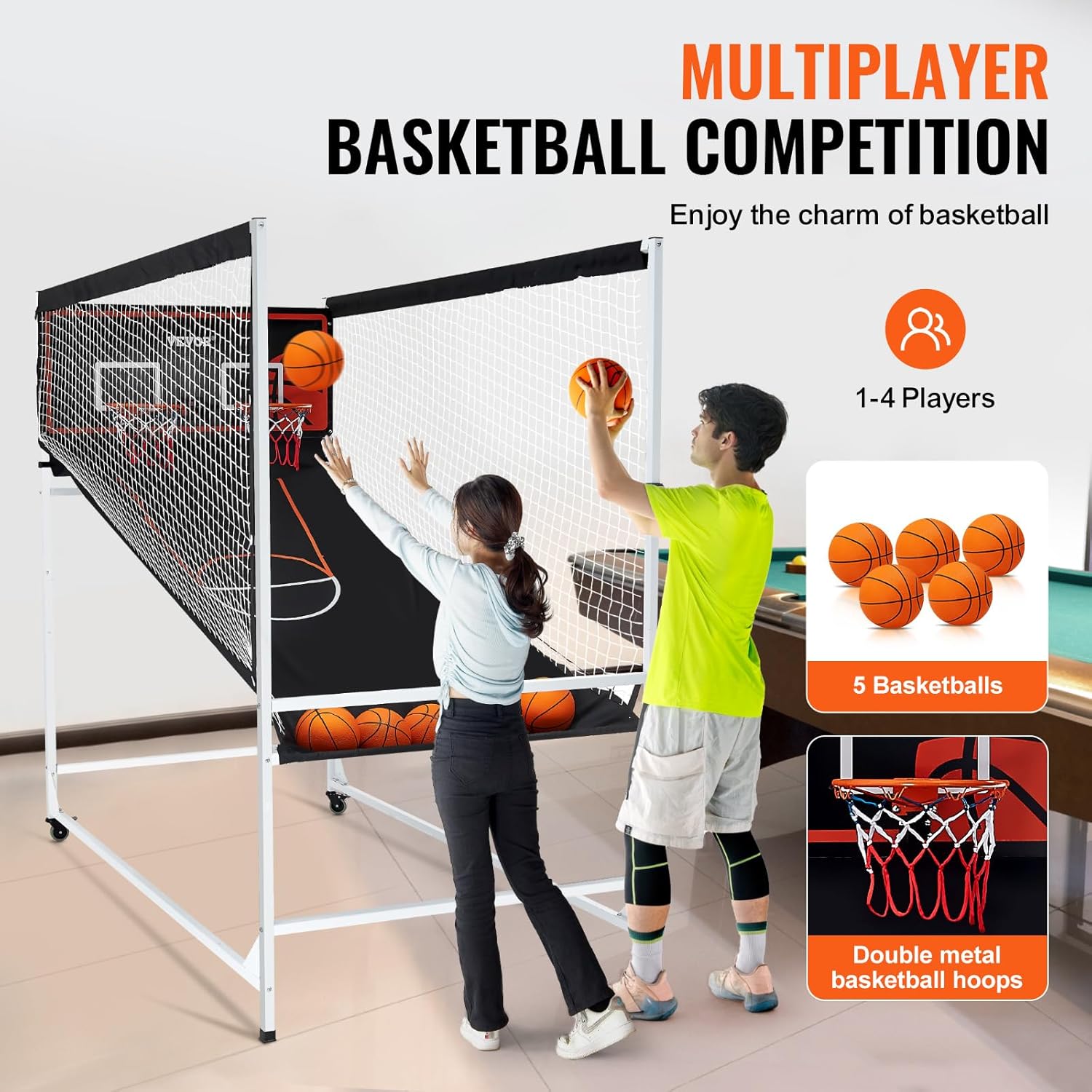 VEVOR Basketball Arcade Game Indoor, 2 Player Indoor Basketball Game, Home Dual Pop- A-Shot Sport with Balls, 8 Game Modes, Electronic Scoreboard, and Inflation Pump, for Kids, Adults
