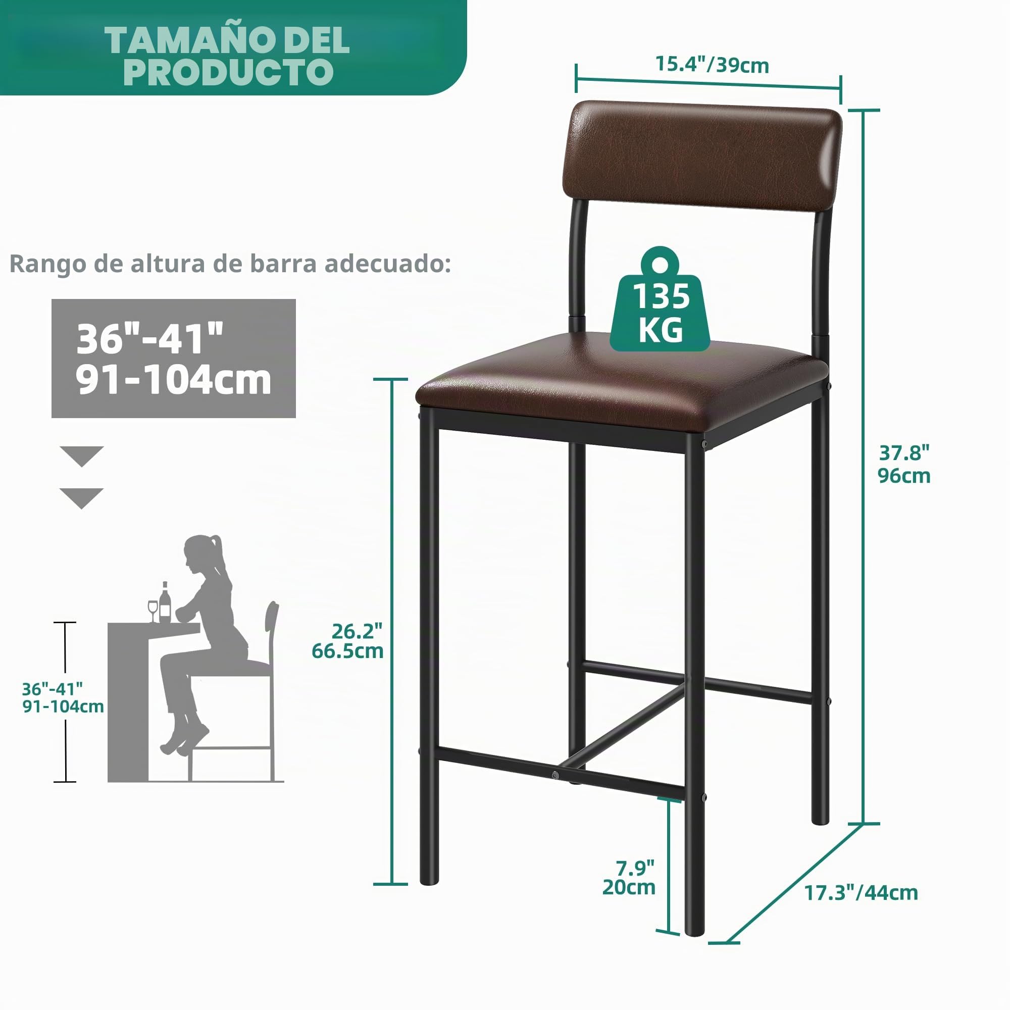 YITAHOME Juego de 2 taburetes de Bar, Asiento Alto con Asiento y Respaldo Acolchados, taburetes industriales para Cocina/Comedor, sillas de Bar con reposapiés ergonómico, Color marrón rústico | Asiento alto, taburetes industriales para cocina/comedor, sil
