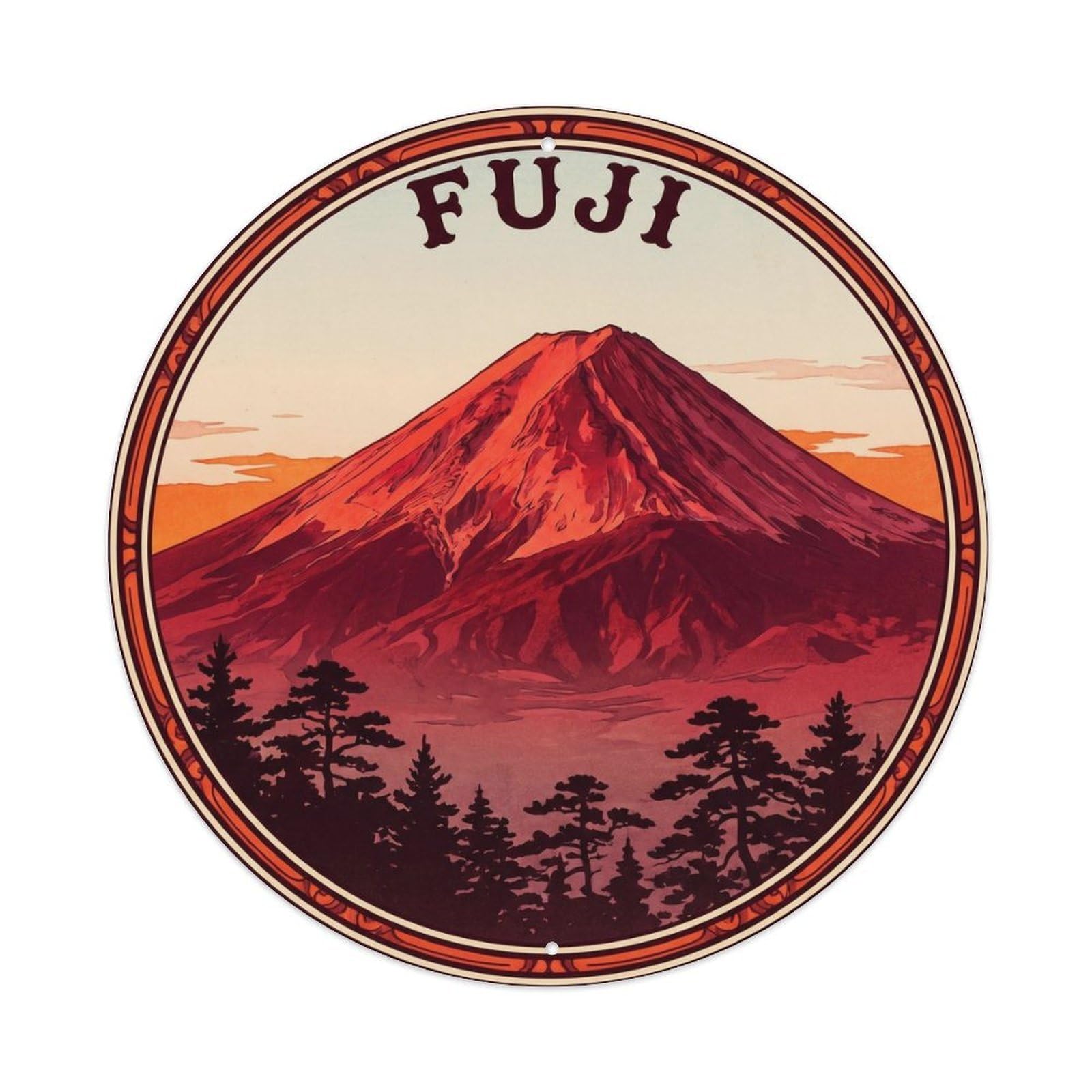 Olyhtr 8X8inch Classic Style Fuji Dawn Crimson Landmark Travel Japan Orange White Metal Tin Sign