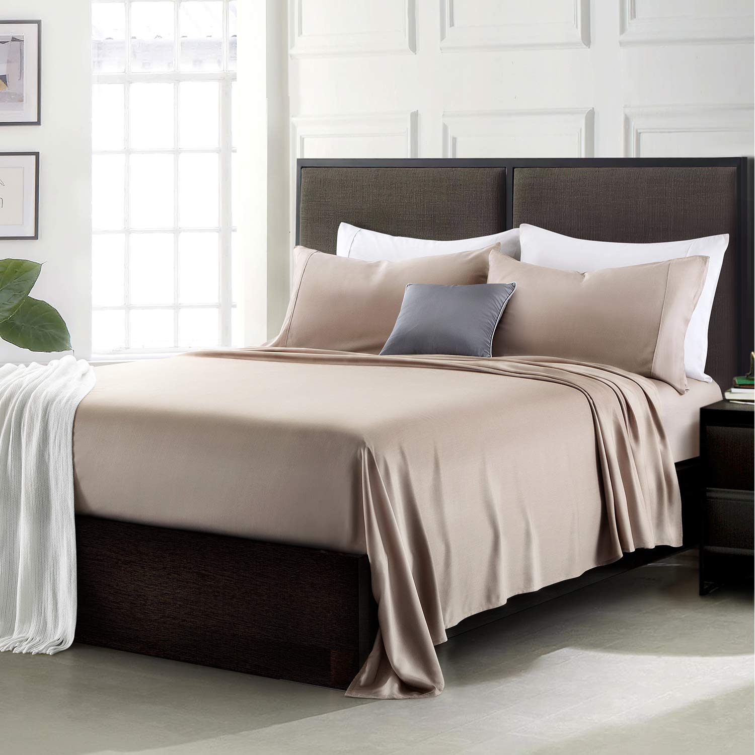 Ibama 100% Bamboo Bed Sheet Set With Pillowcases 4 Pieces Including 1 X Fitted 2 Pillow Covers Flat Breathable And Machine Washable Queen Size, Light Brown 01, Bsheet-Queen01